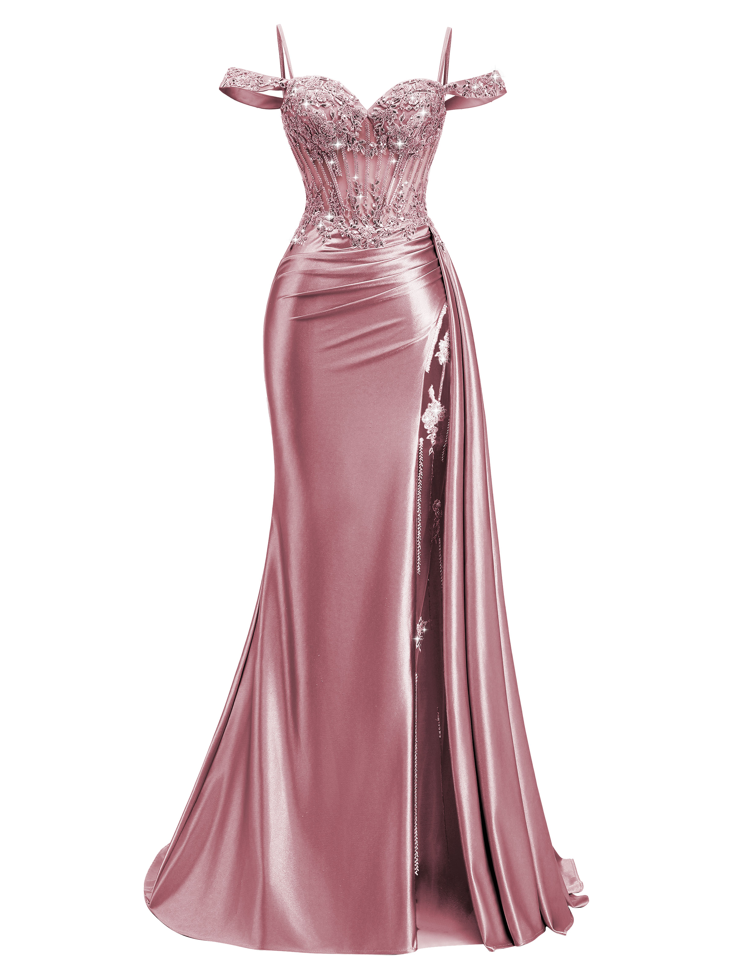 Mermaid Off Shoulder Beaded Sequin Appliques Satin Slit Prom Dress #PR2510009