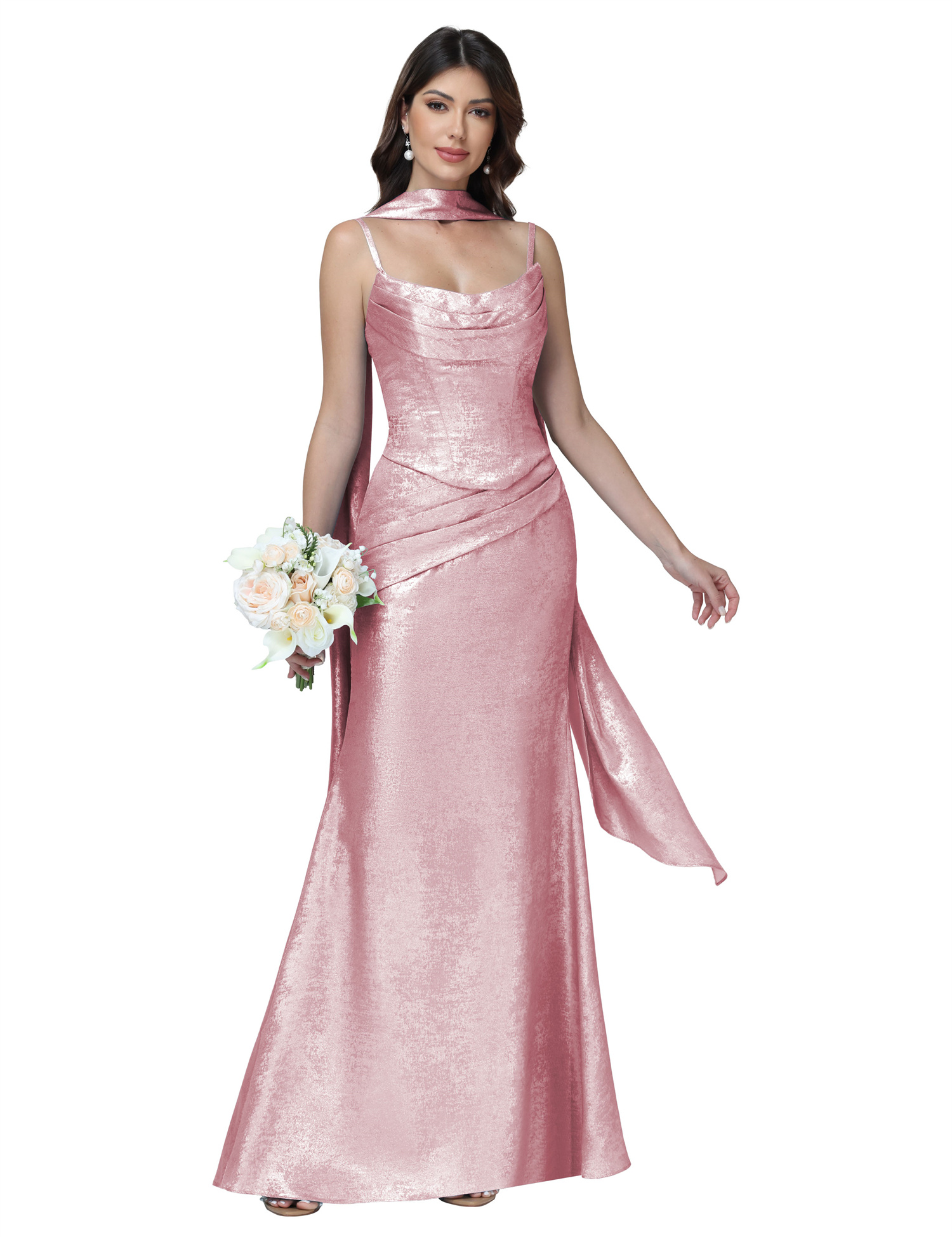 Mermaid Spaghttei Straps Prom Dress 2 Pieces Bridesmaid Dress with Scarf #BM2512054