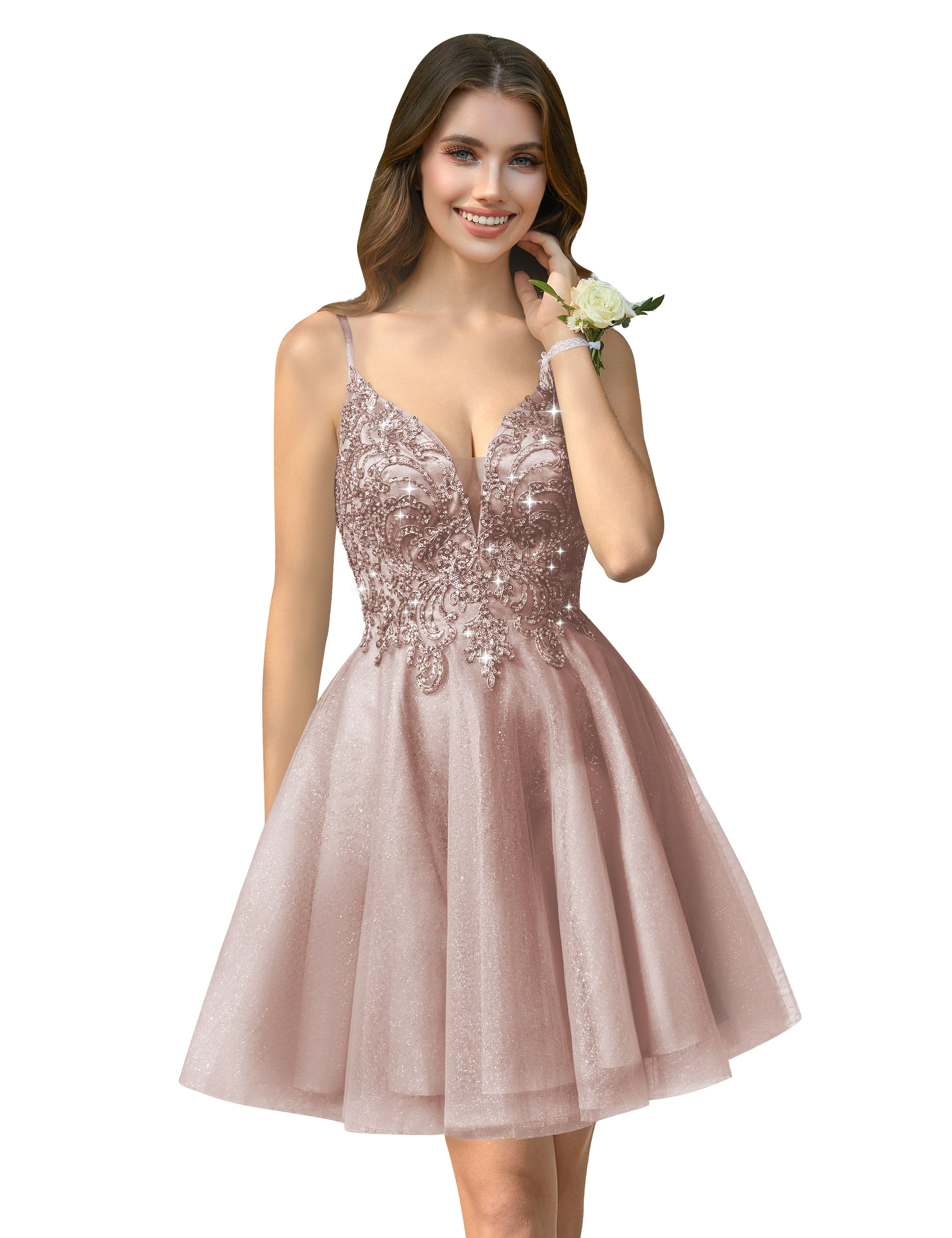 A-line V-neck Spaghetti Strap Sparkly Beaded Tulle Homecoming Dress #HC2401940