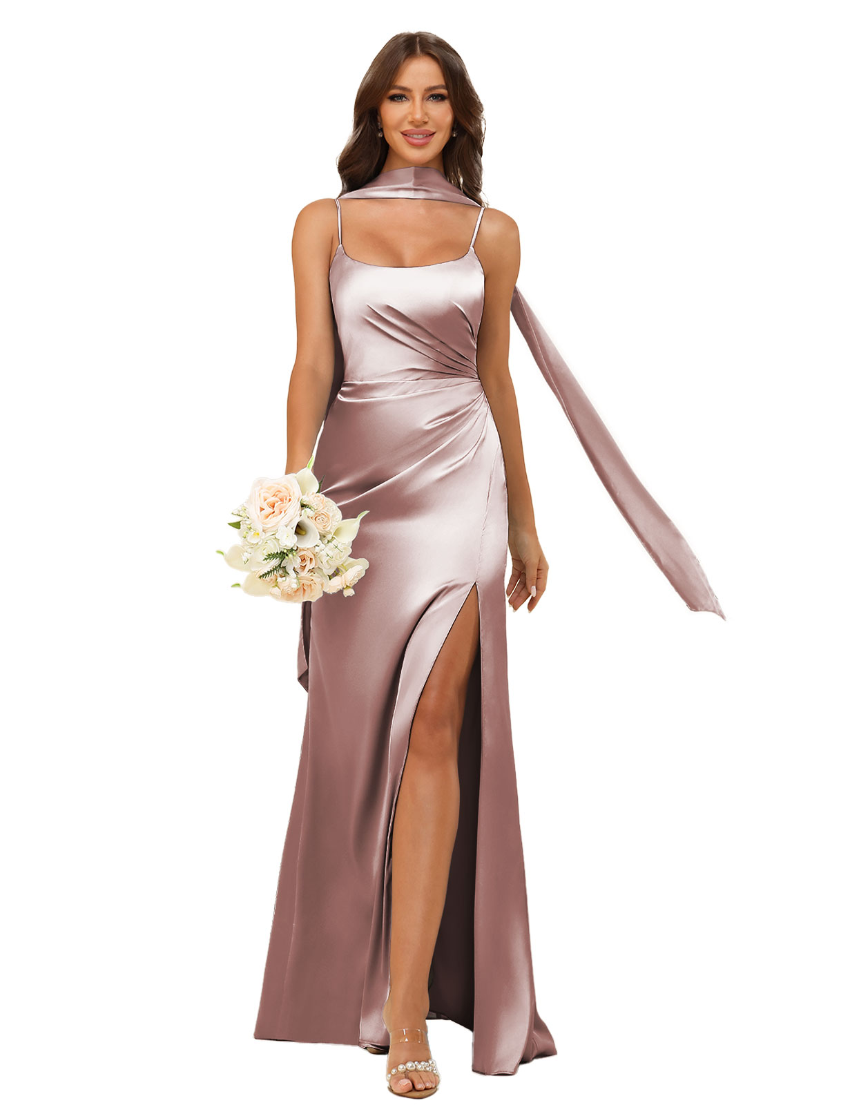 Mermaid U-neck Spaghetti Straps Satin Silt Bridesmaid Dress #BM2507145