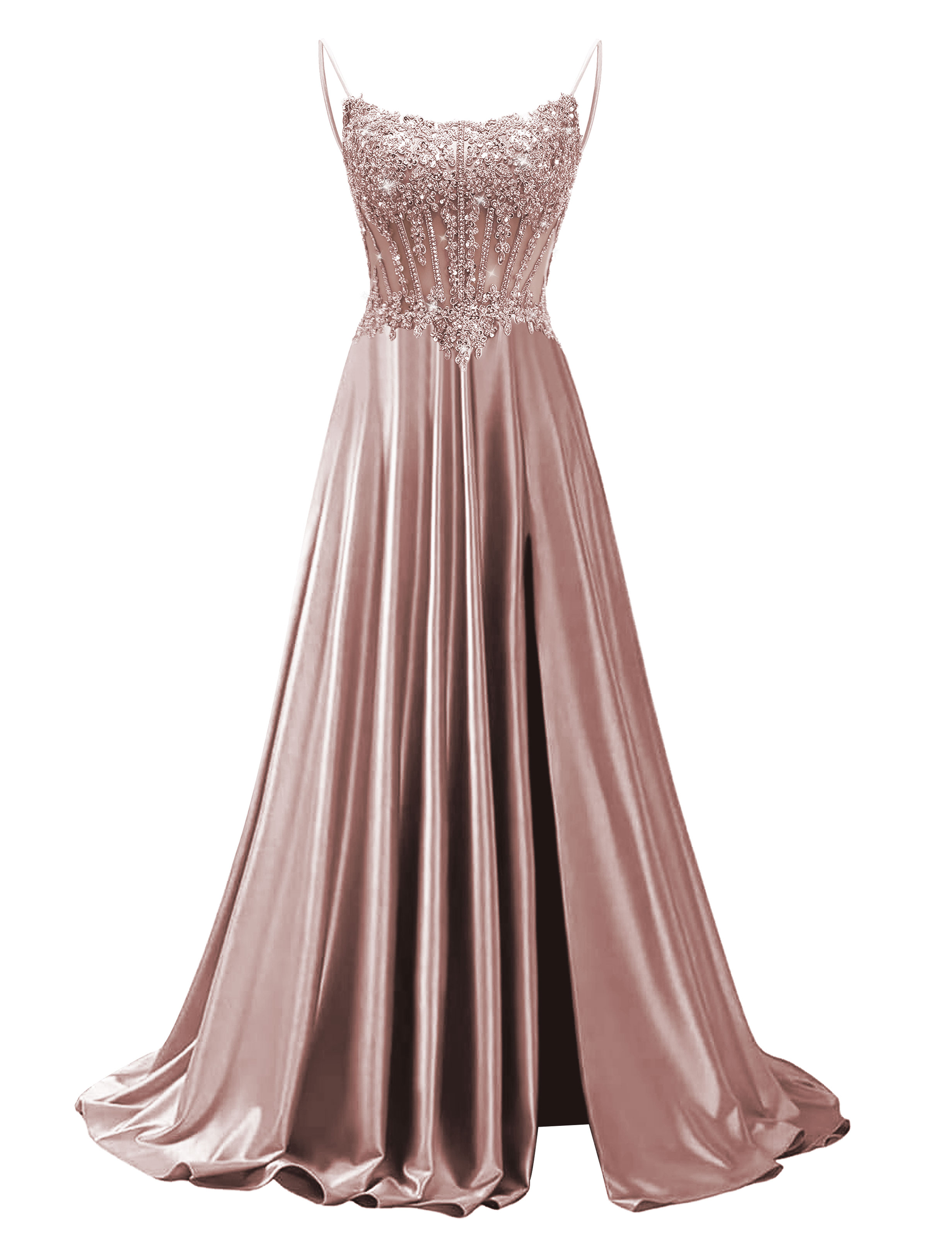 Mermaid Spaghetti Straps Satin Beaded Sequin Pleated Slit Prom Dress #PR2510011