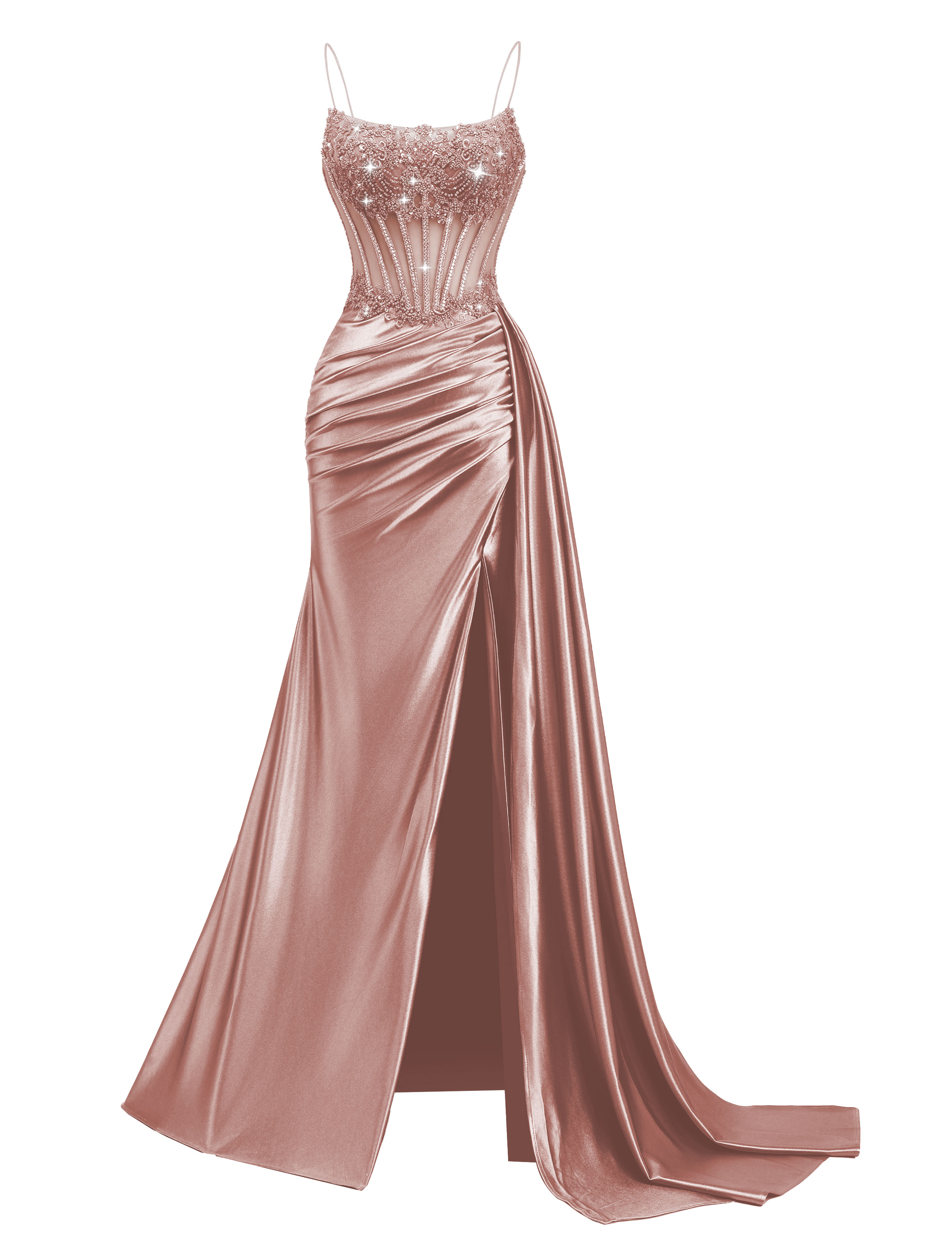 Mermaid Spaghetti Straps Pleated Satin Beaded Slit Prom Dress #PR2510011