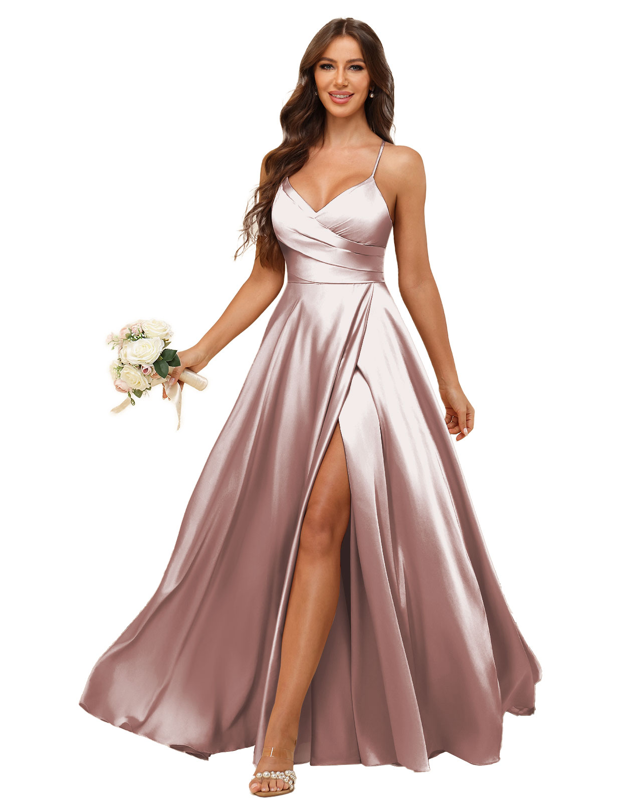 A-line V-neck Spaghetti Straps Satin Silt Bridesmaid Dress #BM2507218