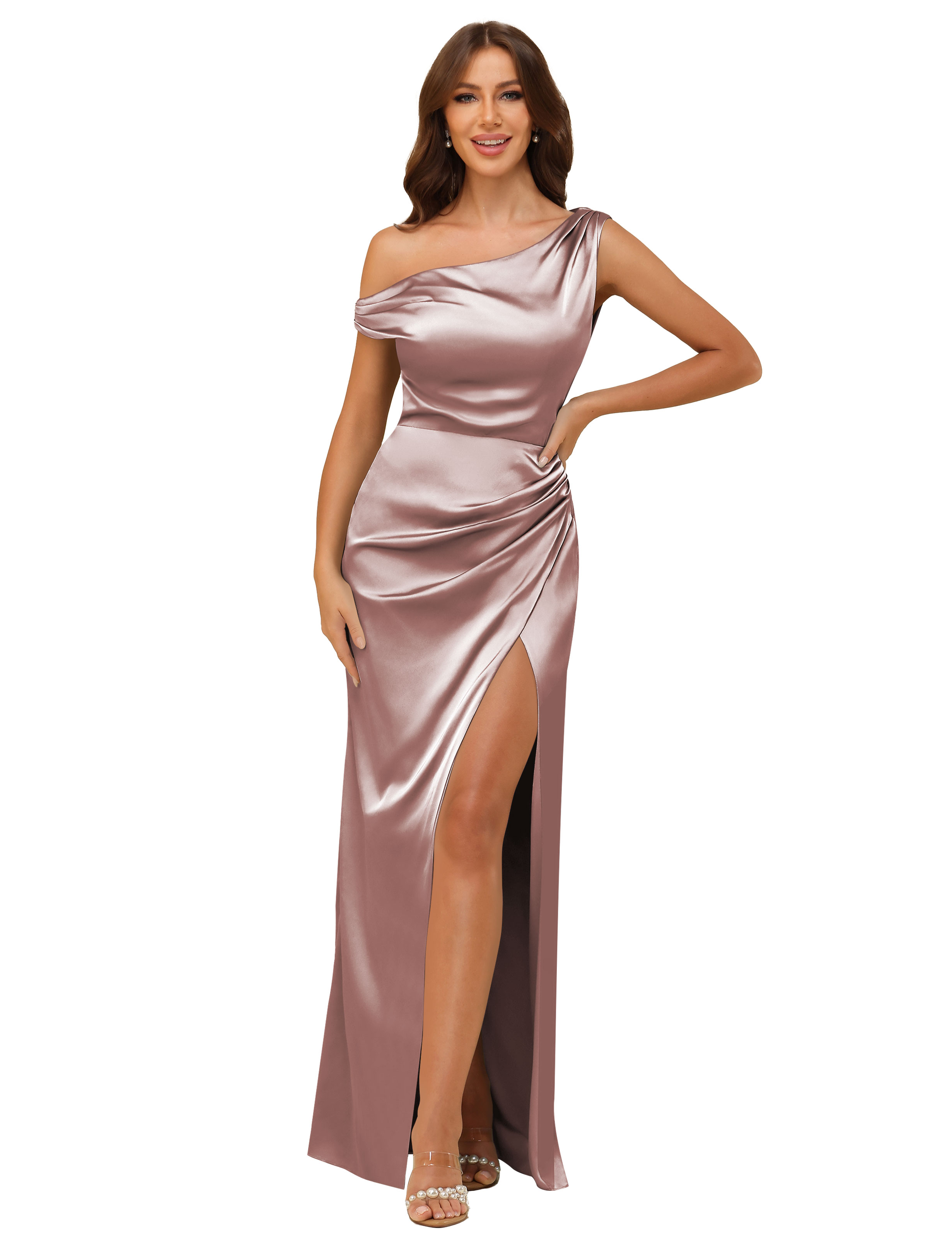 Sheath One Shoulder Satin Silt Side Zip Bridesmaid Dress #BM2507059