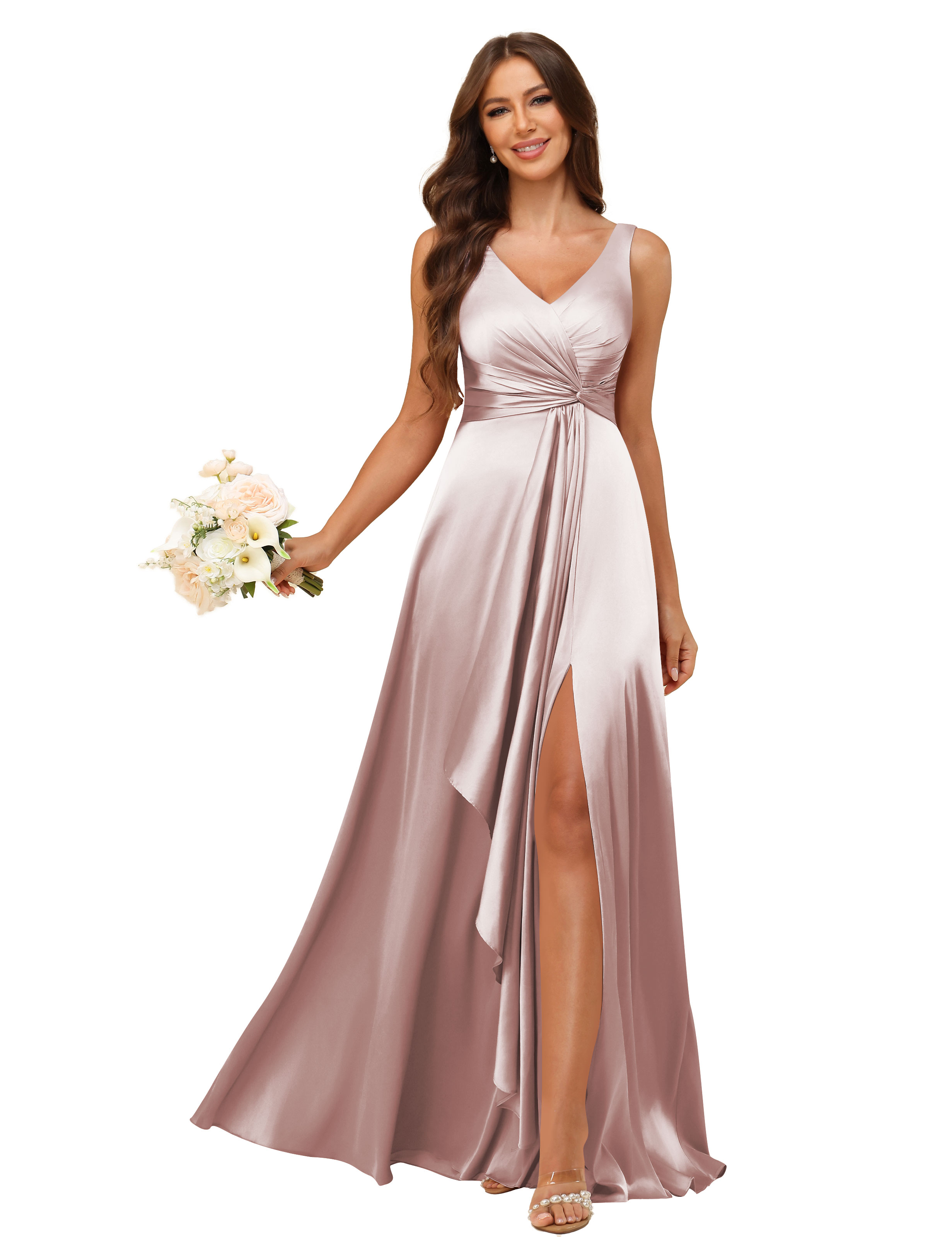 A-line V-neck Straps Satin Silt Lace Up Bridesmaid Dress #BM2507147