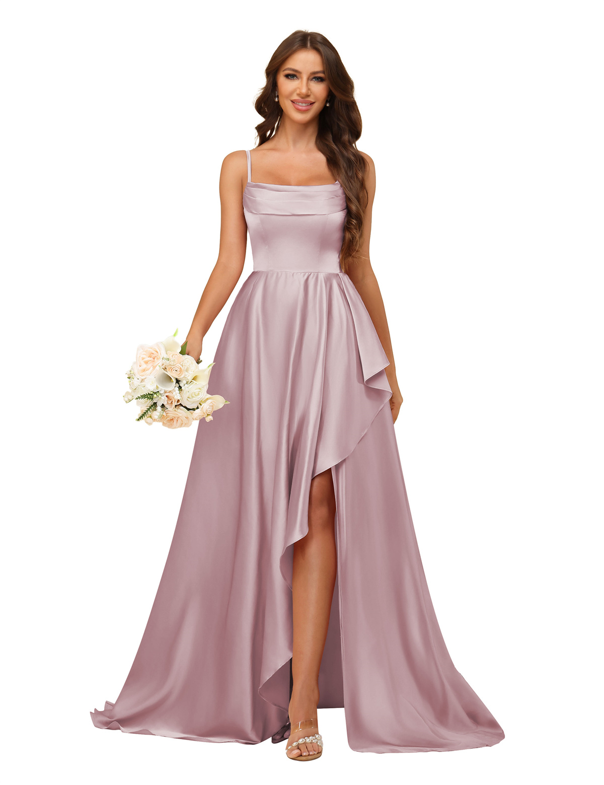 A-line U-neck Spaghetti Straps Satin Silt Bridesmaid Dress #BM2507213