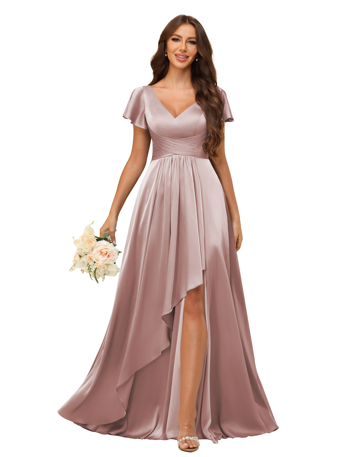A-line V-neck Short Sleeves Satin Silt Bridesmaid Dress #BM2508022