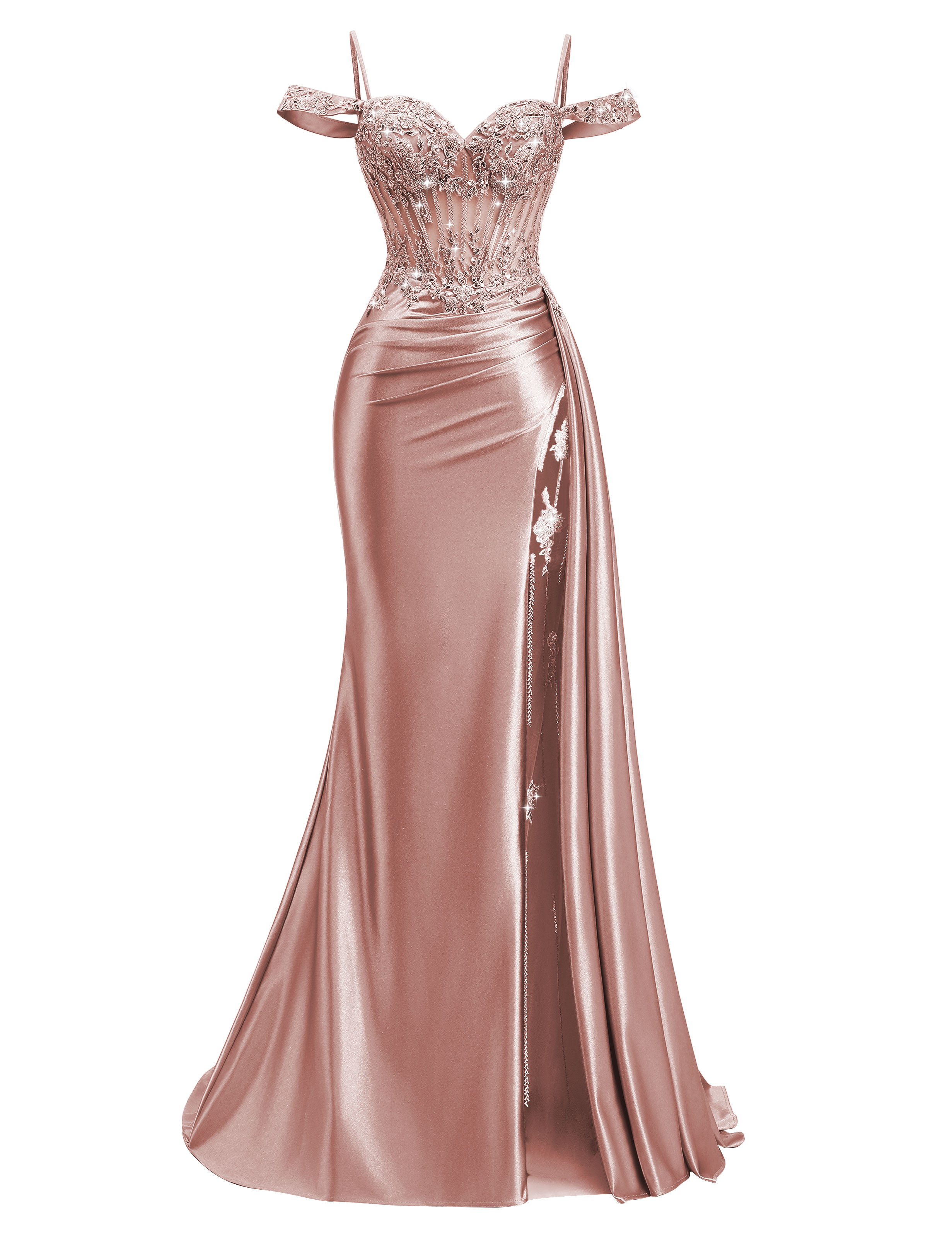 Mermaid Off Shoulder Beaded Sequin Appliques Satin Slit Prom Dress #PR2510009