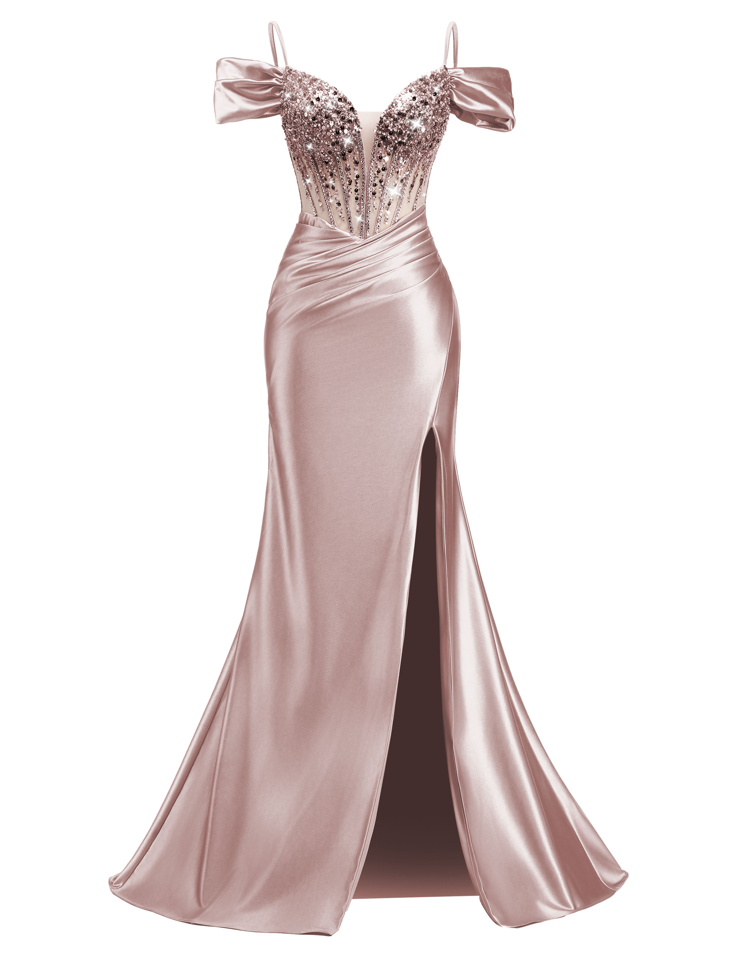 Mermaid V-neck Off Shoulder Beaded Sequin Satin Slit Prom Dress #PR2510014