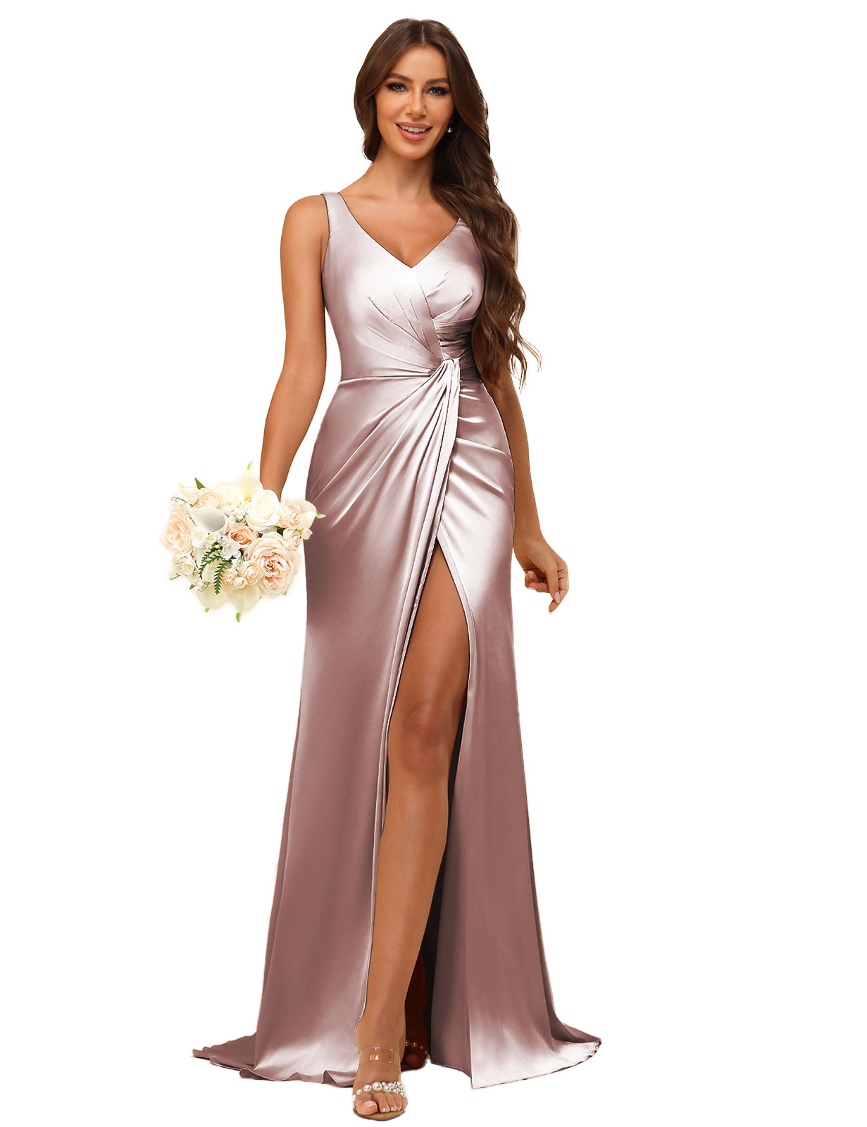 Mermaid V-neck Straps Satin Silt Bridesmaid Dress #BM2507144