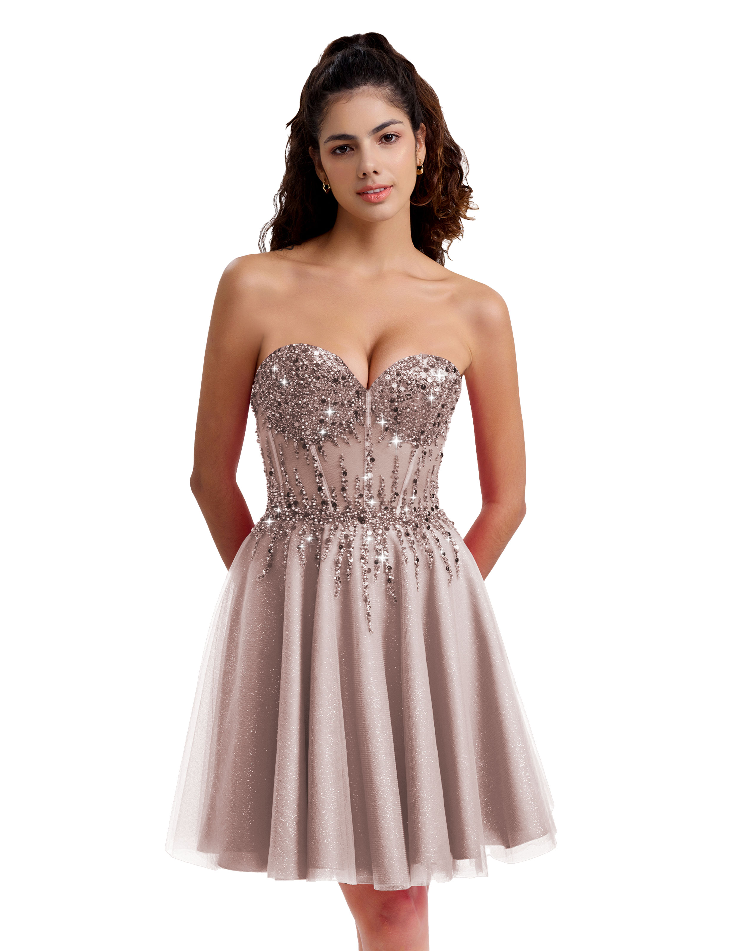 Sparkly A-line Sweetheart Tulle Beaded Party Homecoming Dress #HC2402135
