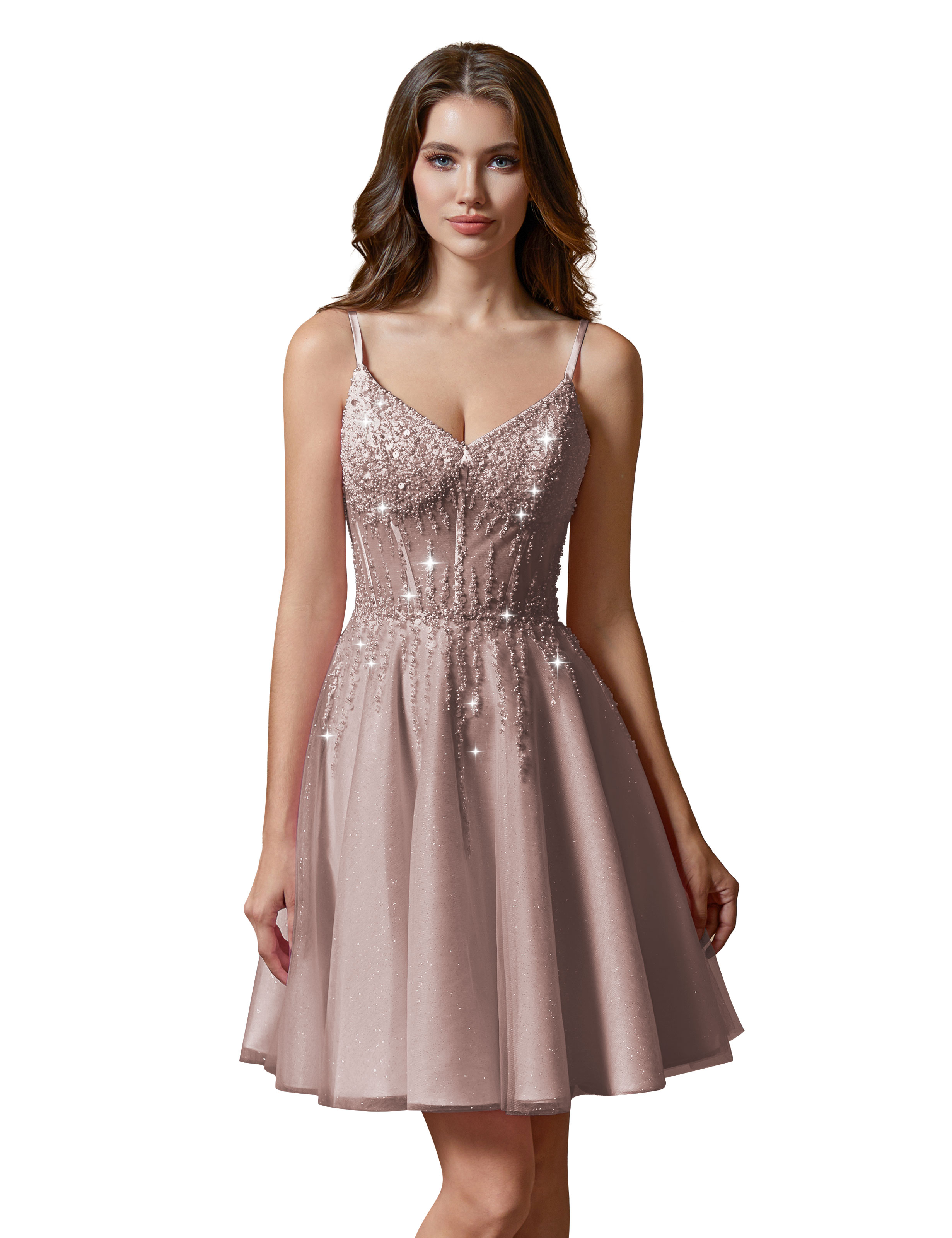 A-line V-Neck Sparkly Tulle Lace Appliques Homecoming Dress #HC2401738