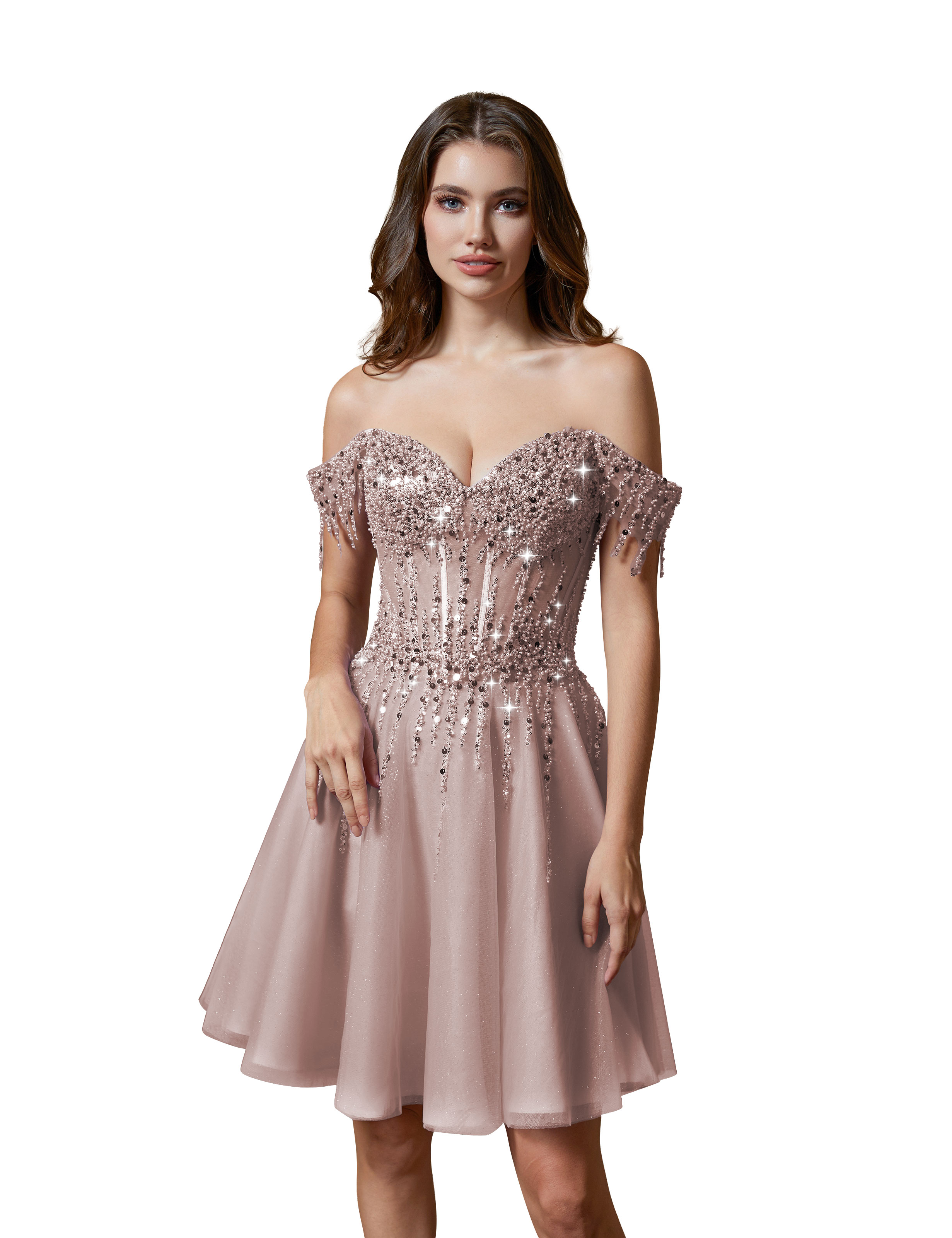 A-line Off Shoulder Lace Appliques Sparkly Sequin Tulle Homecoming Dress #HC2401169