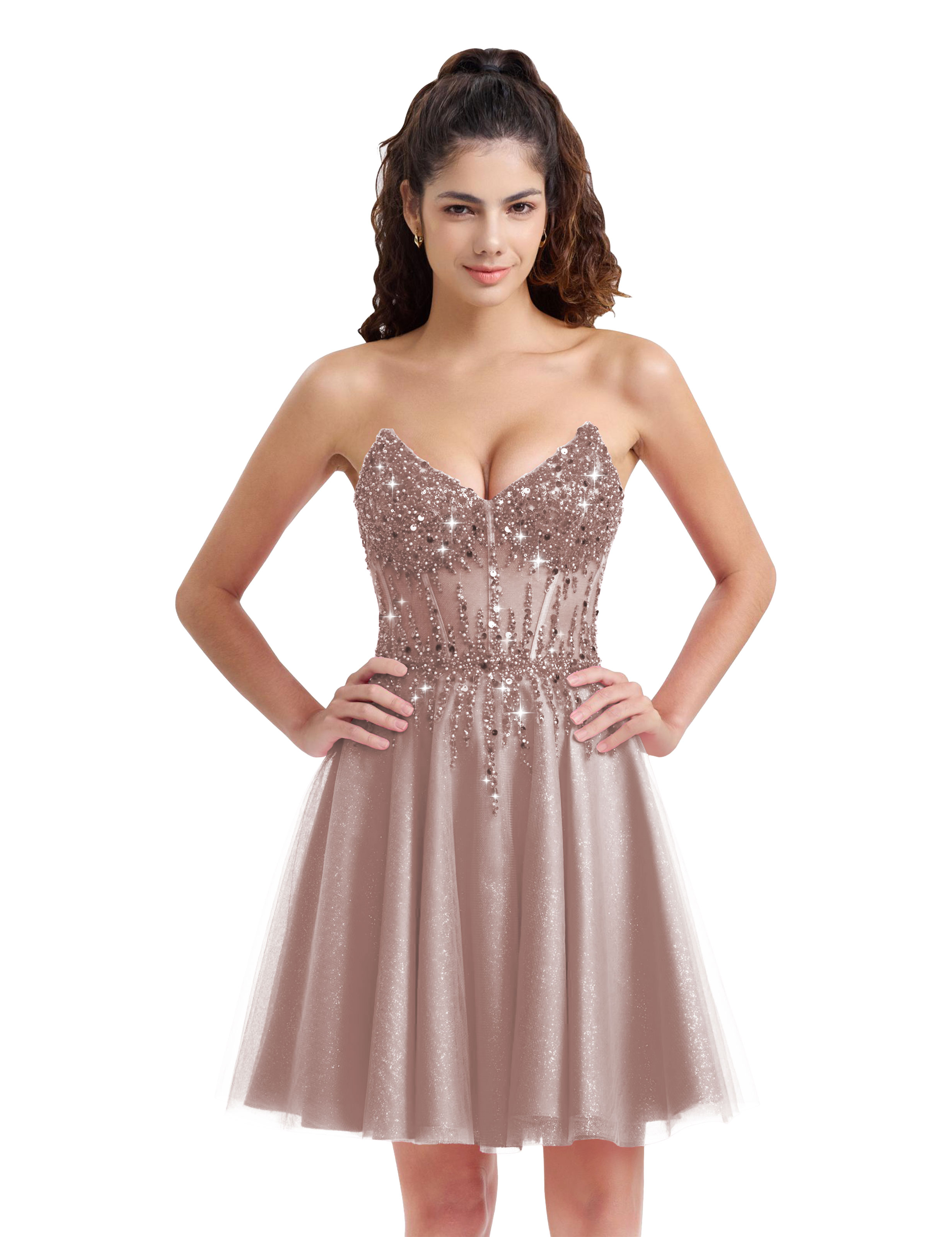 Sparkly A-line V-Neck Tulle Strapless Beaded Homecoming Dress #HC2402127