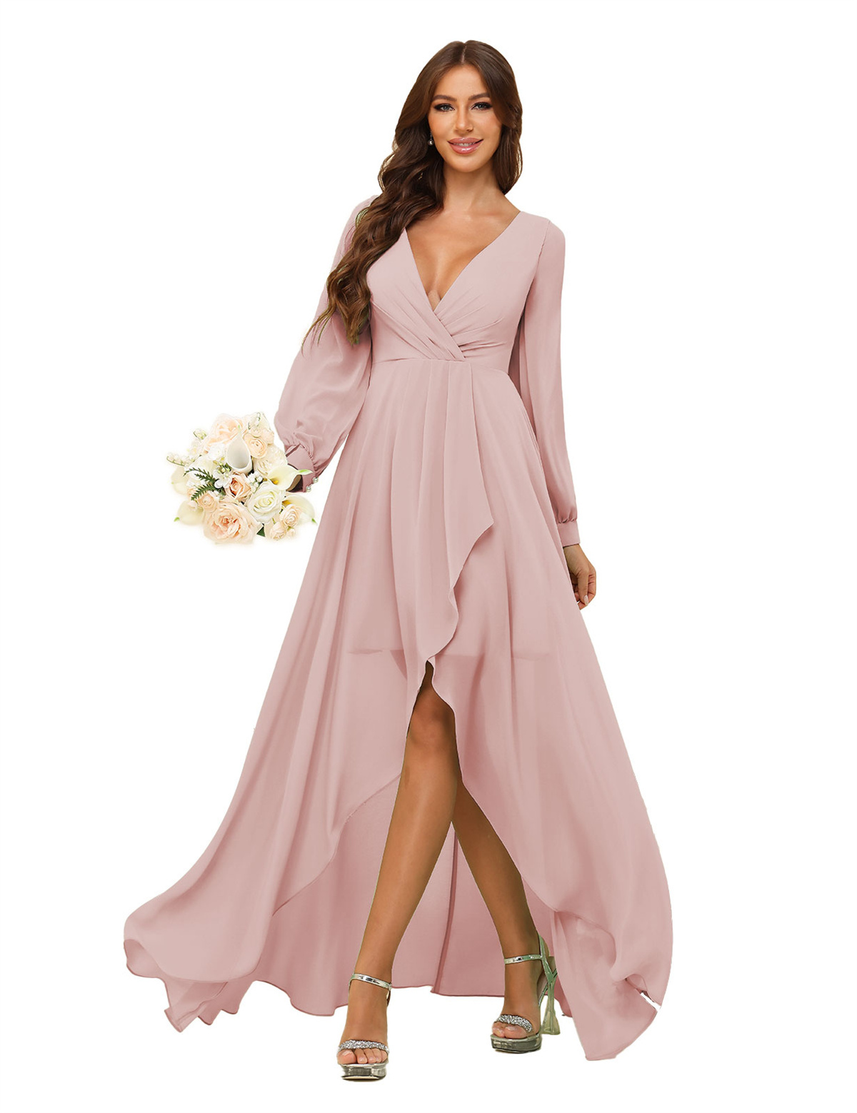 A-line Deep V-neck Chiffon Long Sleeves Bridesmaid Dress #BM2507136