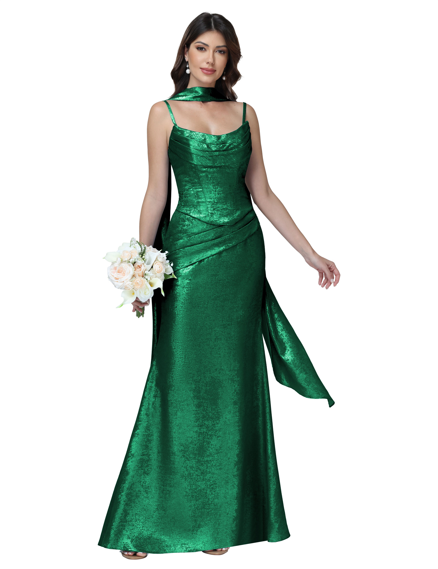 Mermaid Spaghttei Straps Prom Dress 2 Pieces Bridesmaid Dress with Scarf #BM2512054