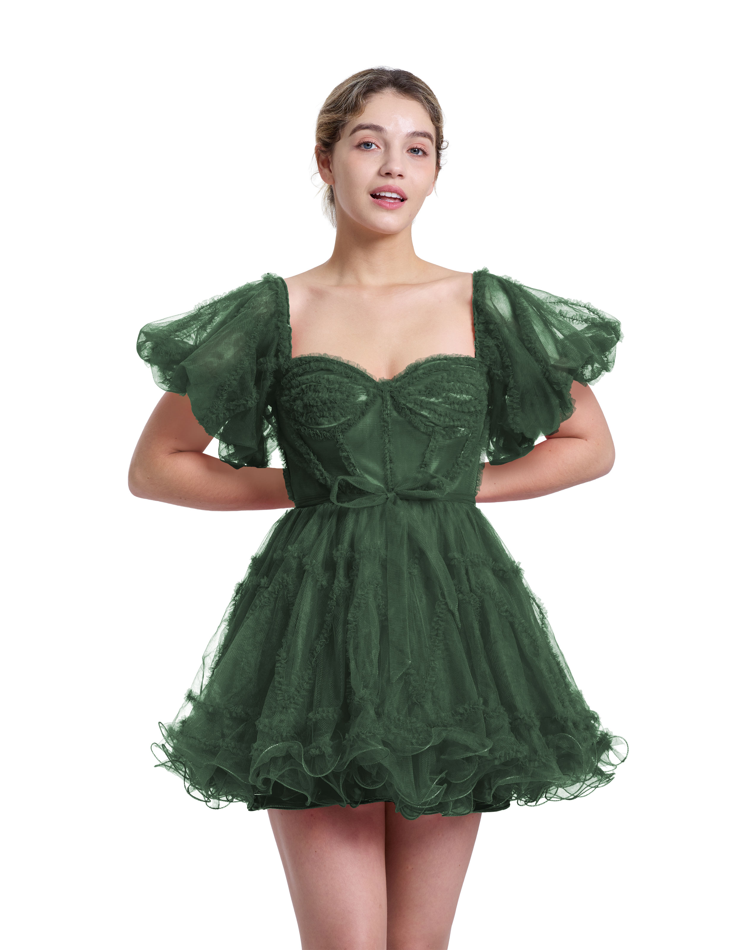 A-line Sweetheart Ruffles Tulle Puffy Sleeves Red Homecoming Dress #HC2401317