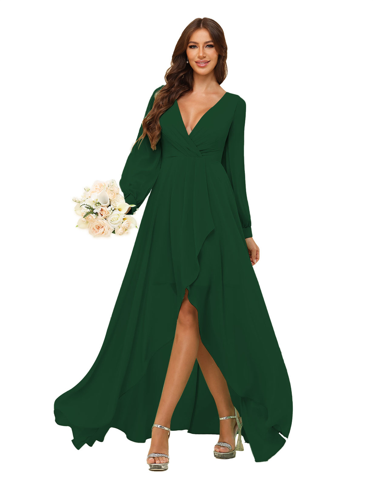 A-line Deep V-neck Chiffon Long Sleeves Bridesmaid Dress #BM2507136