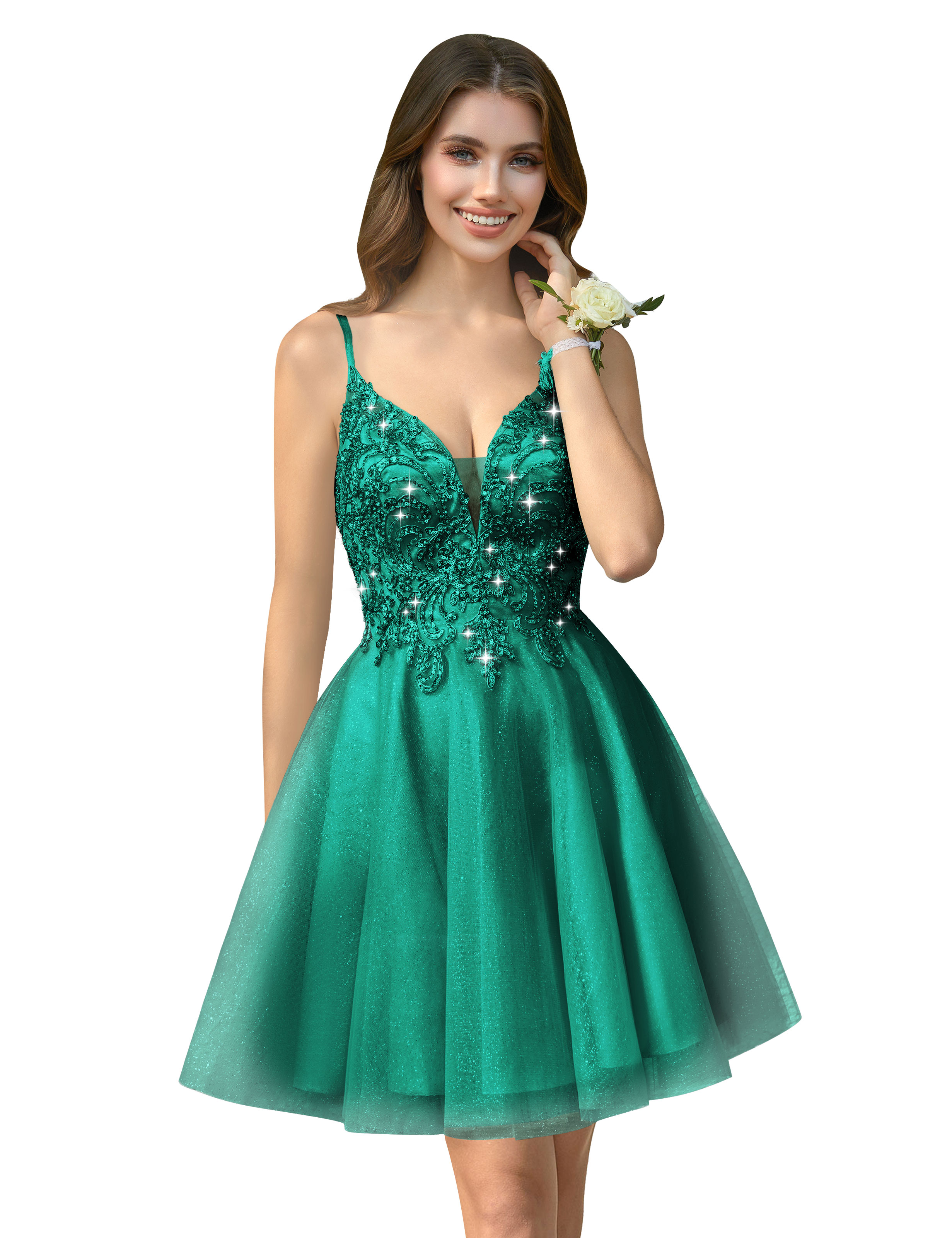 A-line V-neck Spaghetti Strap Sparkly Beaded Tulle Homecoming Dress #HC2401940