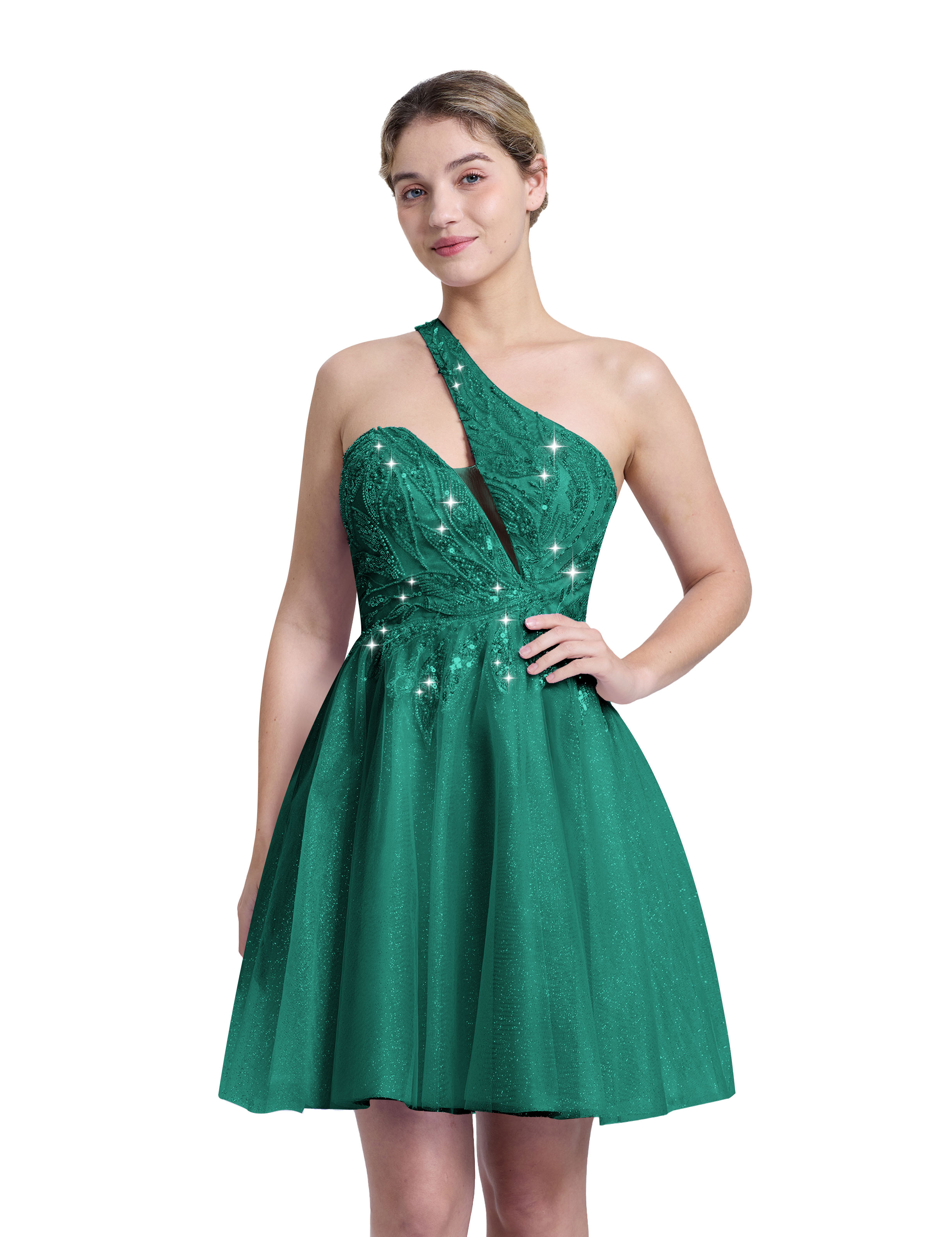A-line One Shoulder Sequin Lace Beaded Cocktail Party Homecoming Dress #HC2604029