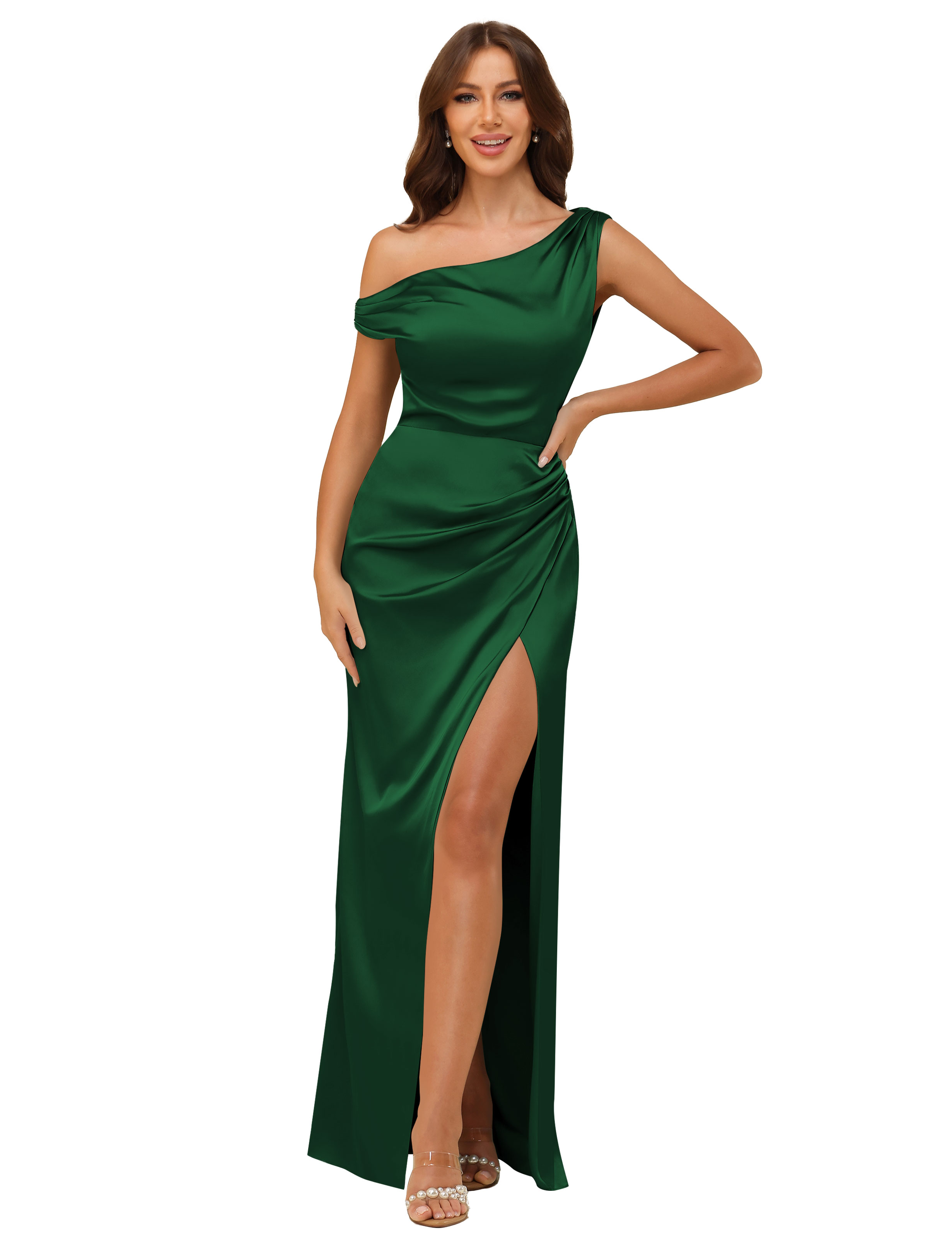 Sheath One Shoulder Satin Silt Side Zip Bridesmaid Dress #BM2507059