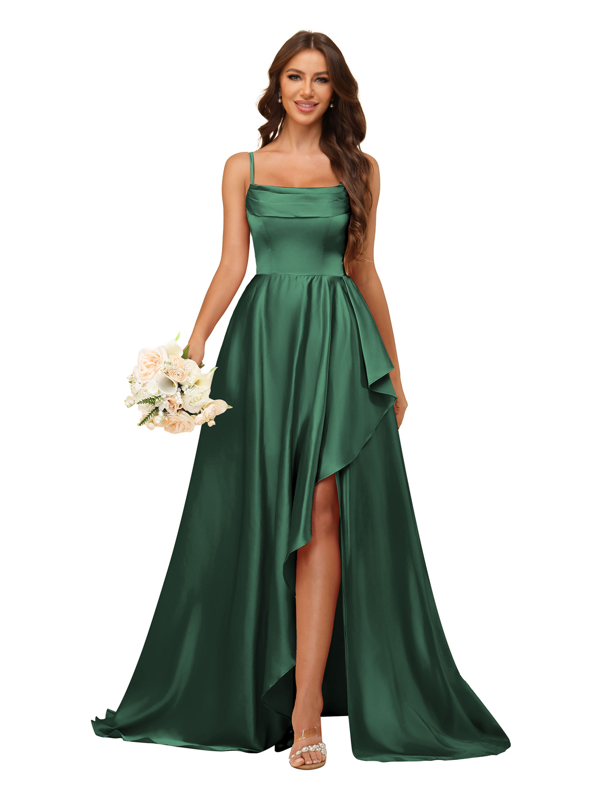 A-line U-neck Spaghetti Straps Satin Silt Bridesmaid Dress #BM2507213