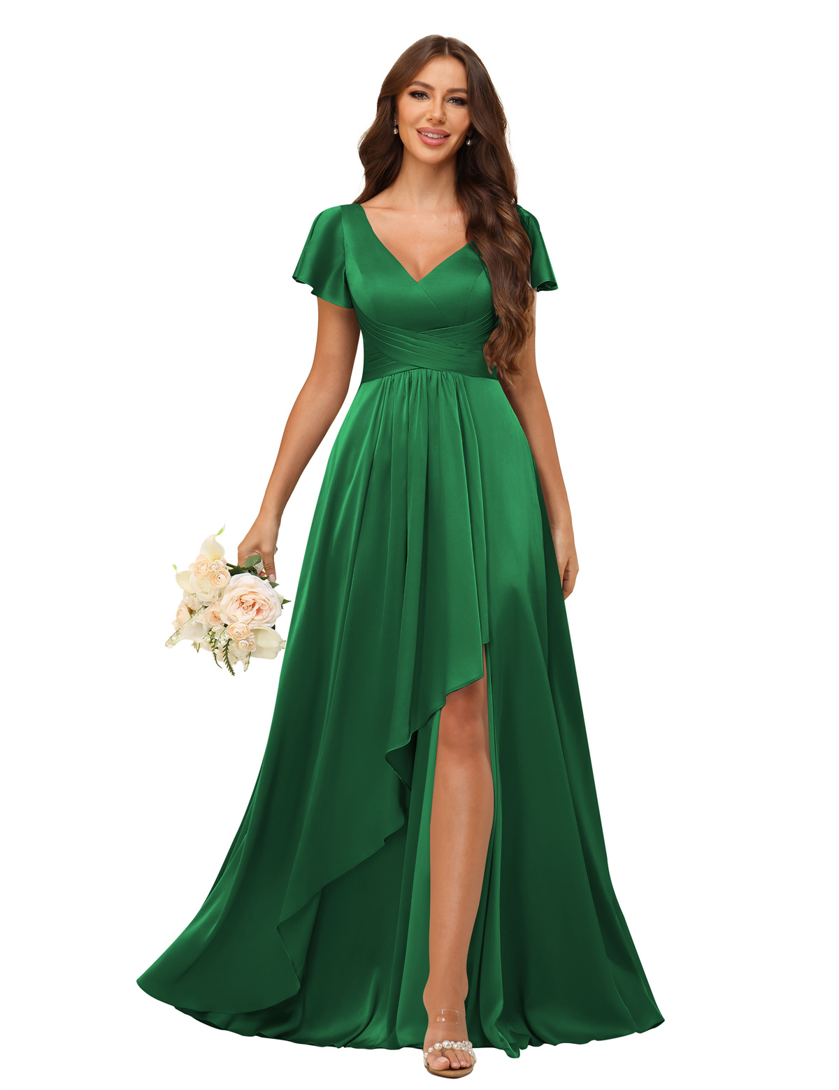 A-line V-neck Short Sleeves Satin Silt Bridesmaid Dress #BM2508022