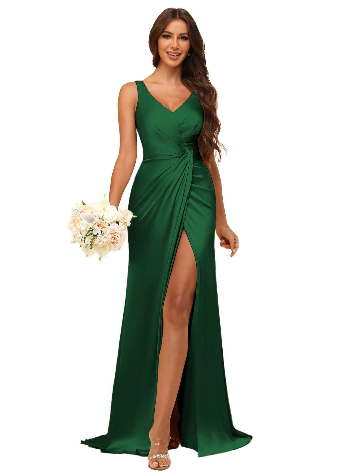 Mermaid V-neck Straps Satin Silt Bridesmaid Dress #BM2507144