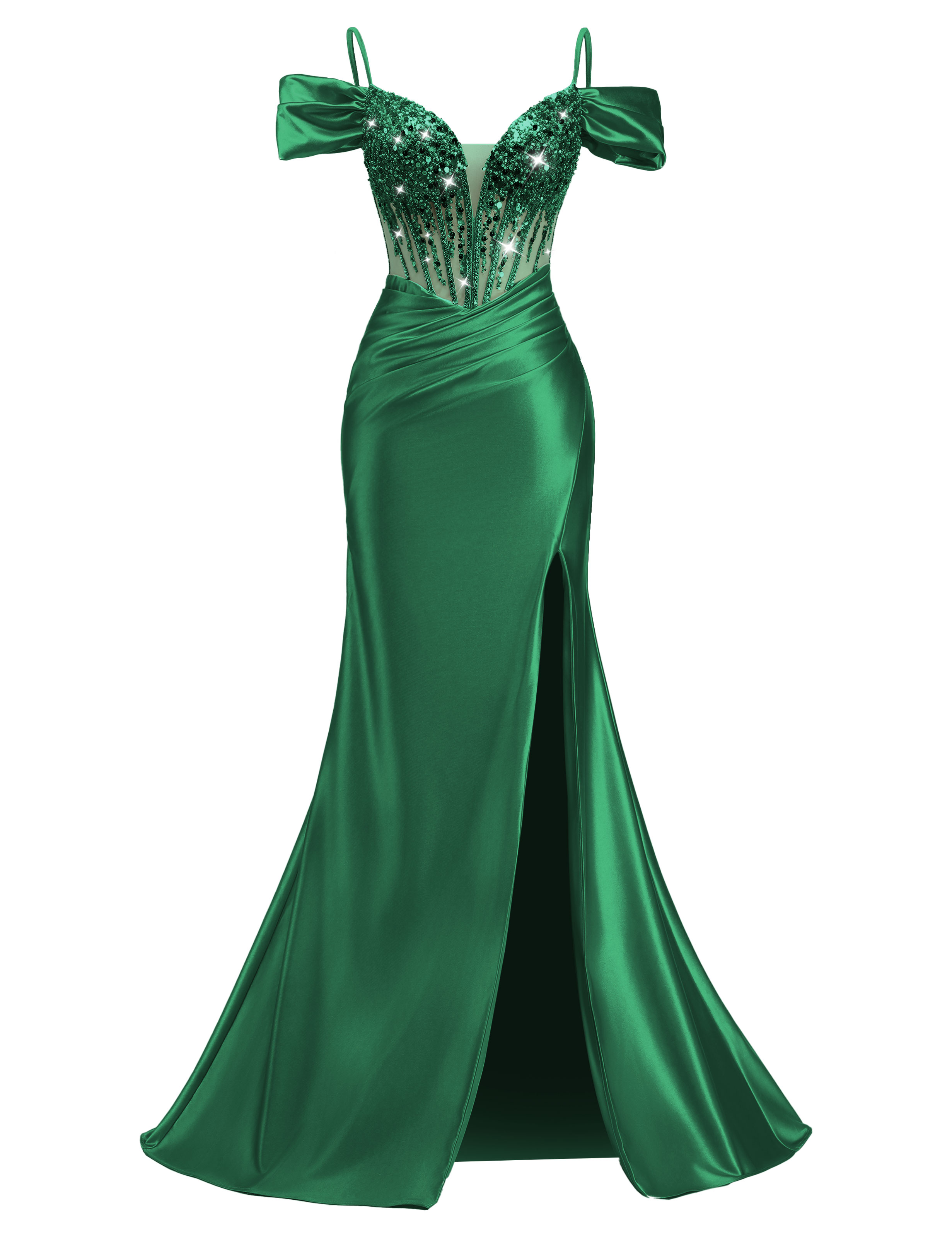 Mermaid V-neck Off Shoulder Beaded Sequin Satin Slit Prom Dress #PR2510014