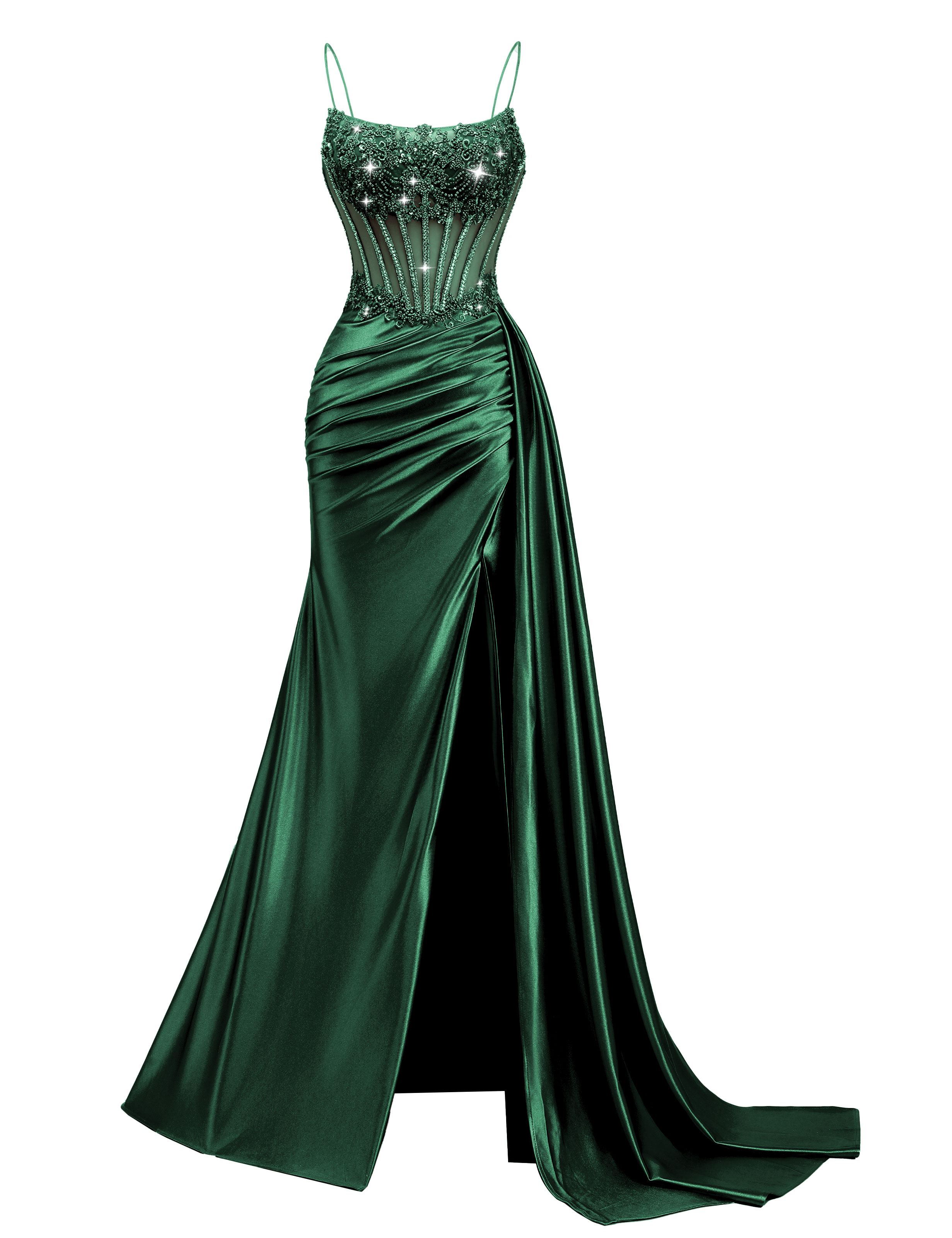 Mermaid Spaghetti Straps Pleated Satin Beaded Slit Prom Dress #PR2510011