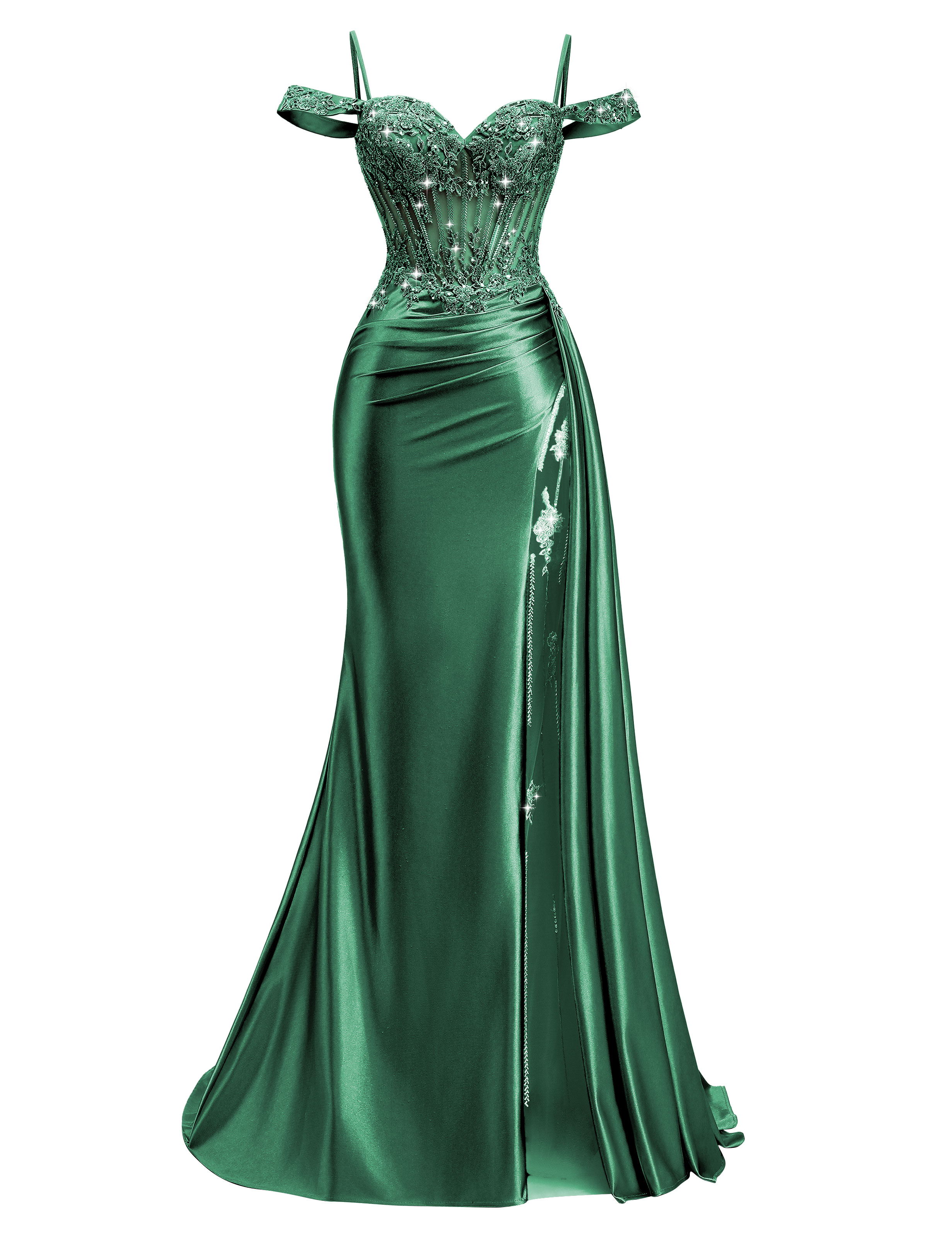 Mermaid Off Shoulder Beaded Sequin Appliques Satin Slit Prom Dress #PR2510009
