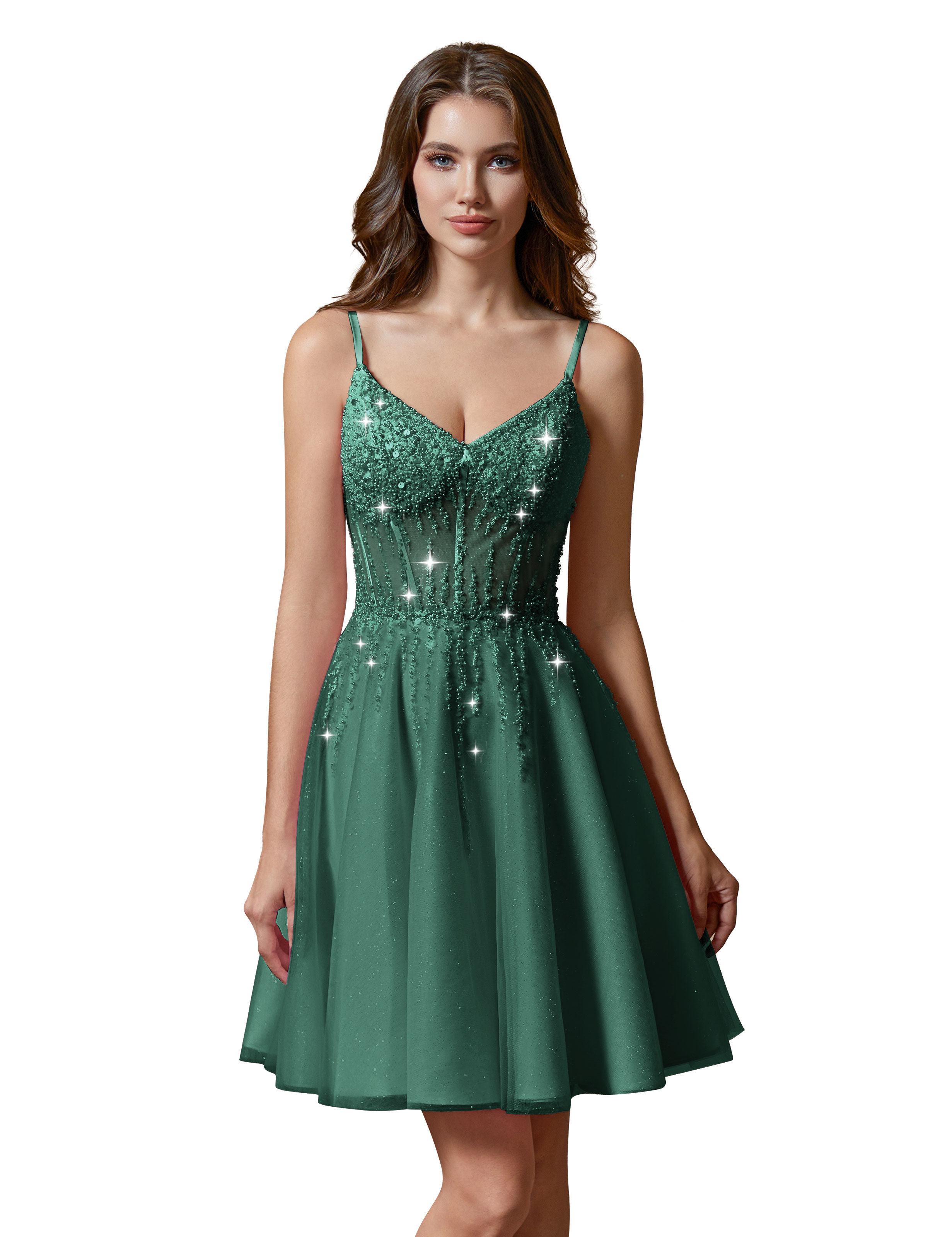 A-line V-Neck Sparkly Tulle Lace Appliques Homecoming Dress #HC2401738