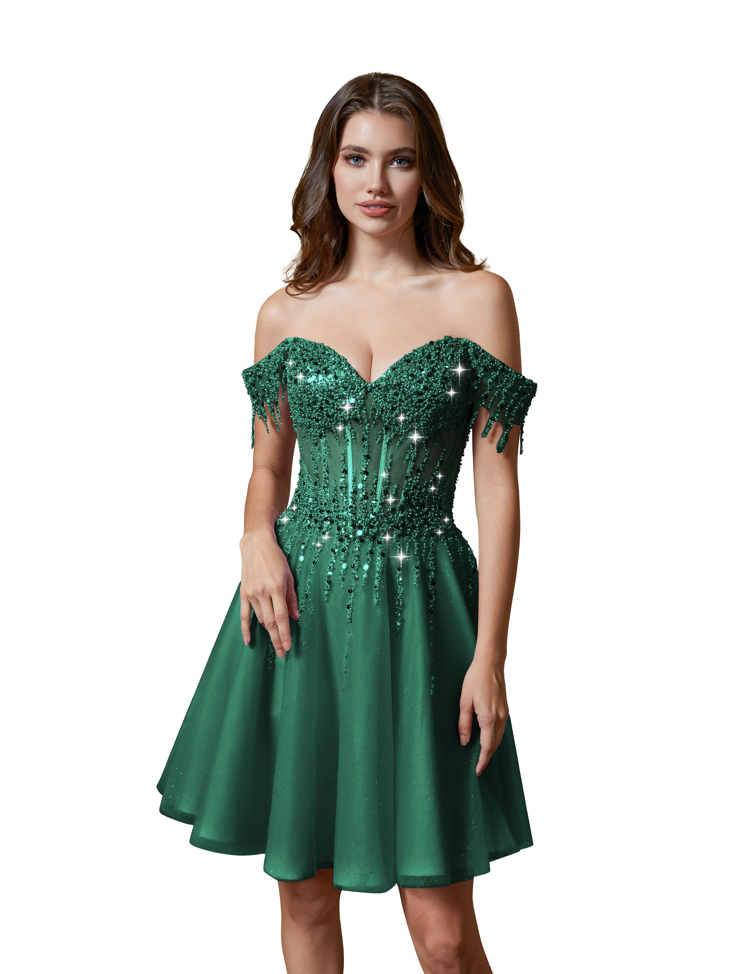 A-line Off Shoulder Lace Appliques Sparkly Sequin Tulle Homecoming Dress #HC2401169