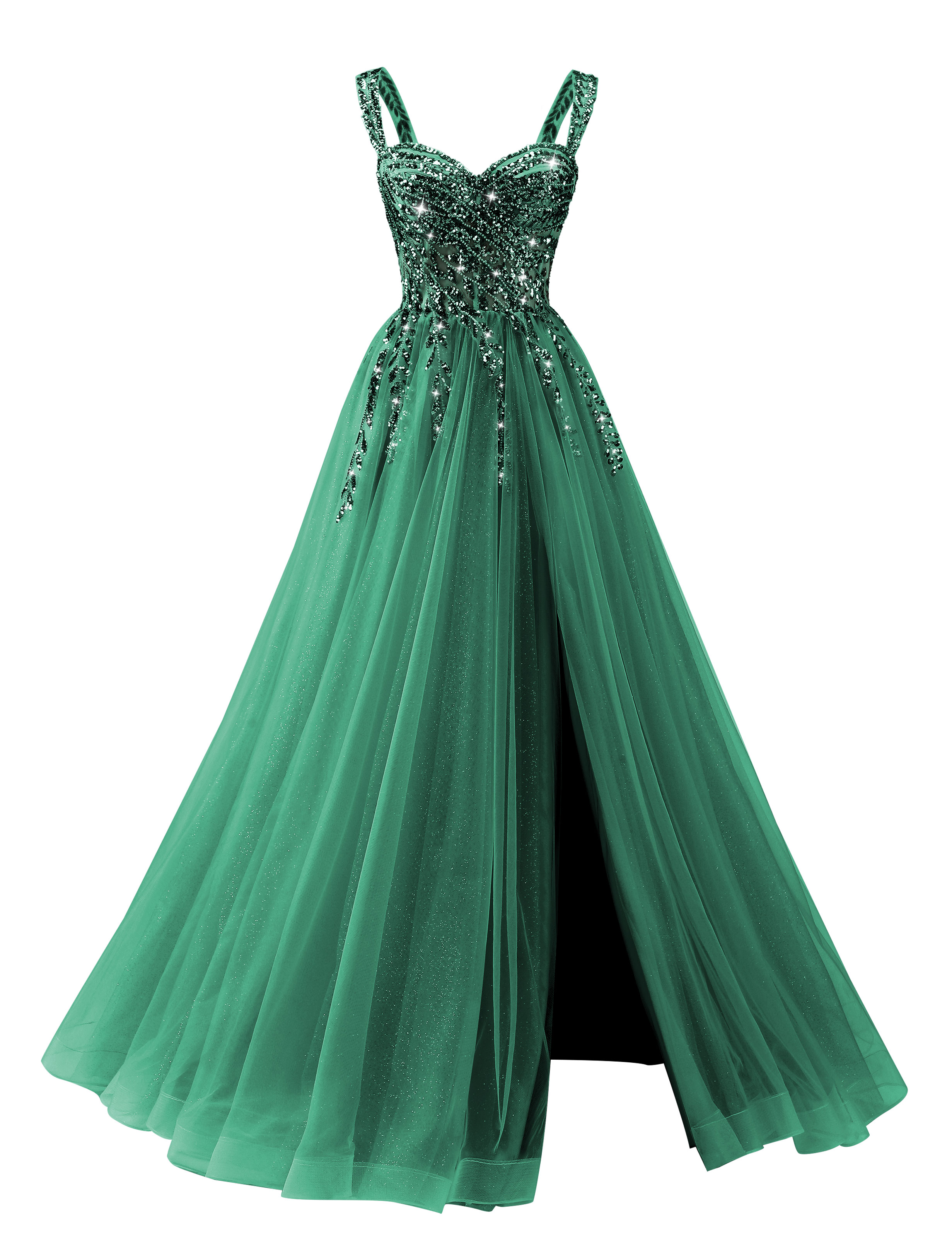 A-line Sweetheart Sparkly Tulle Sequins Beaded Slit Corset Prom Dress #PR2512071