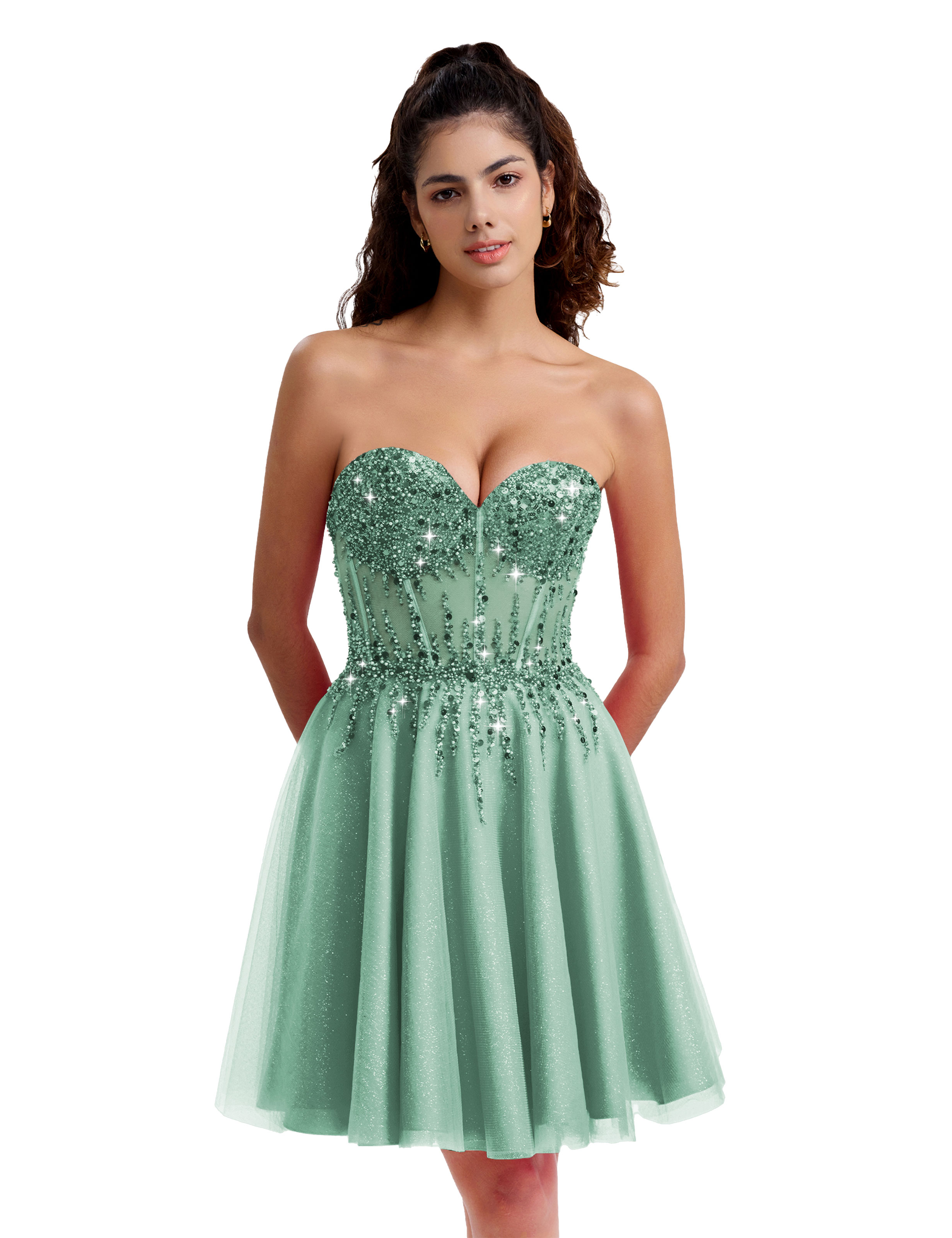 Sparkly A-line Sweetheart Tulle Beaded Party Homecoming Dress #HC2402135