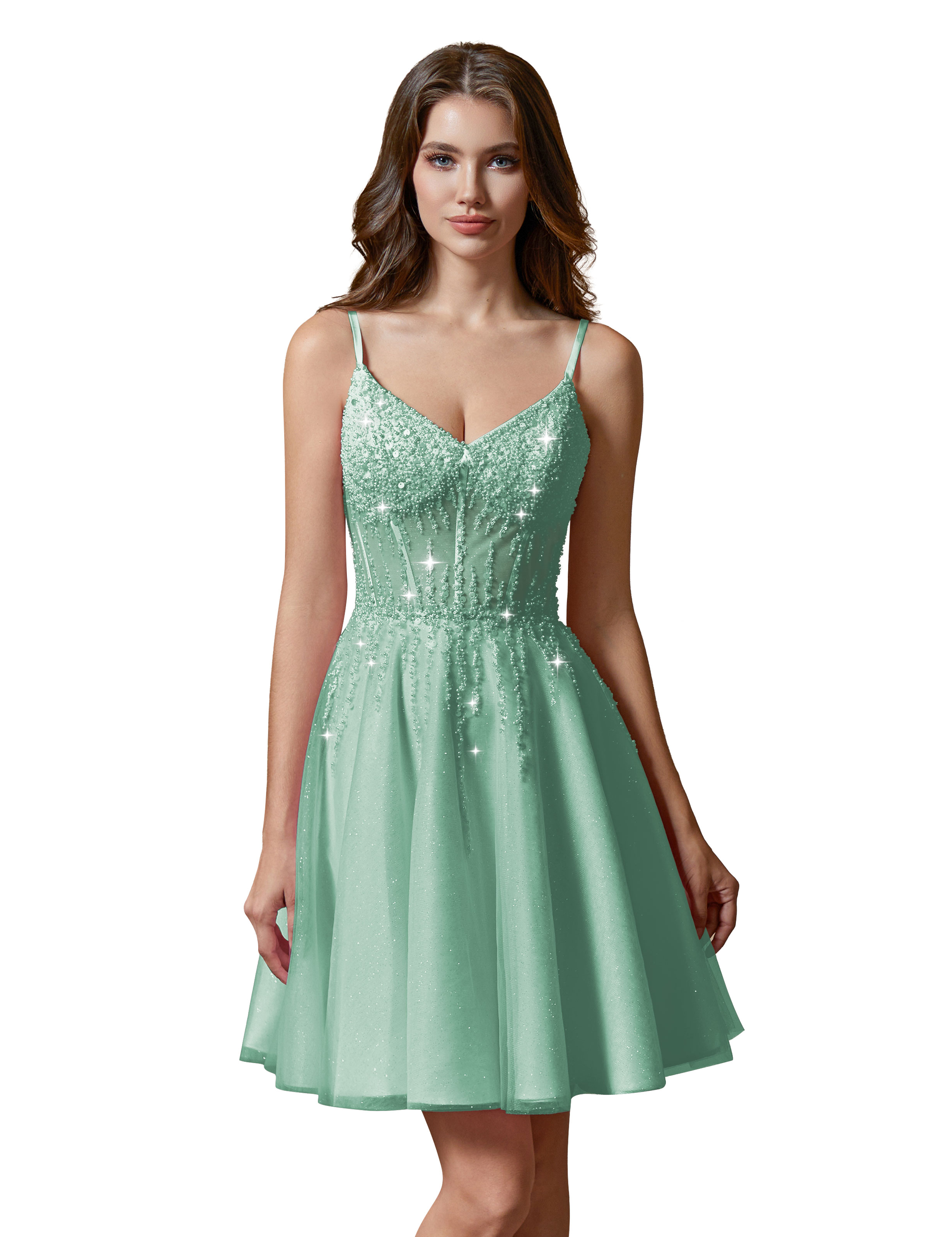 A-line V-Neck Sparkly Tulle Lace Appliques Homecoming Dress #HC2401738