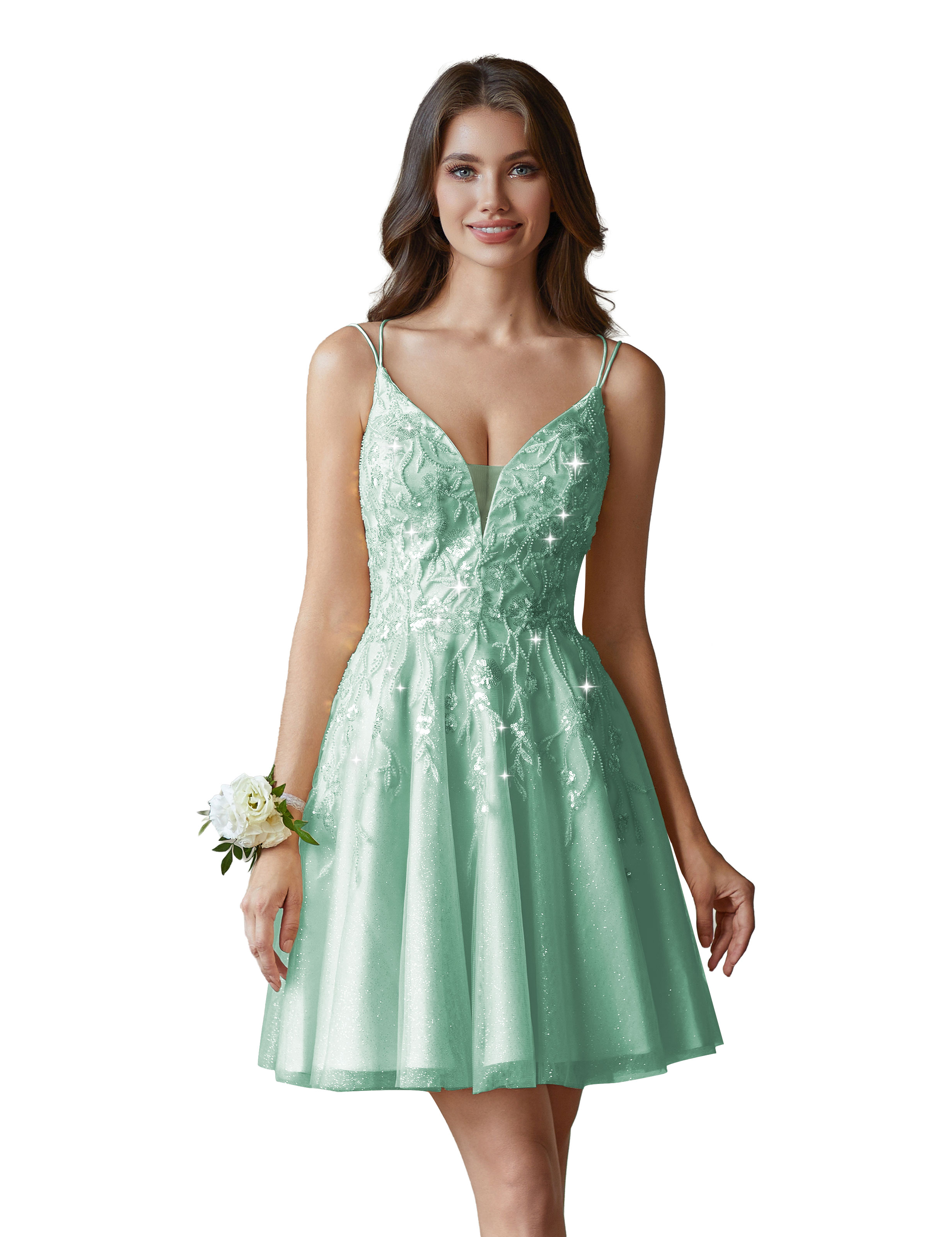 A-line V-Neck Tulle Beaded Lace Appliques Cocktail Homecoming Dress #HC2402602