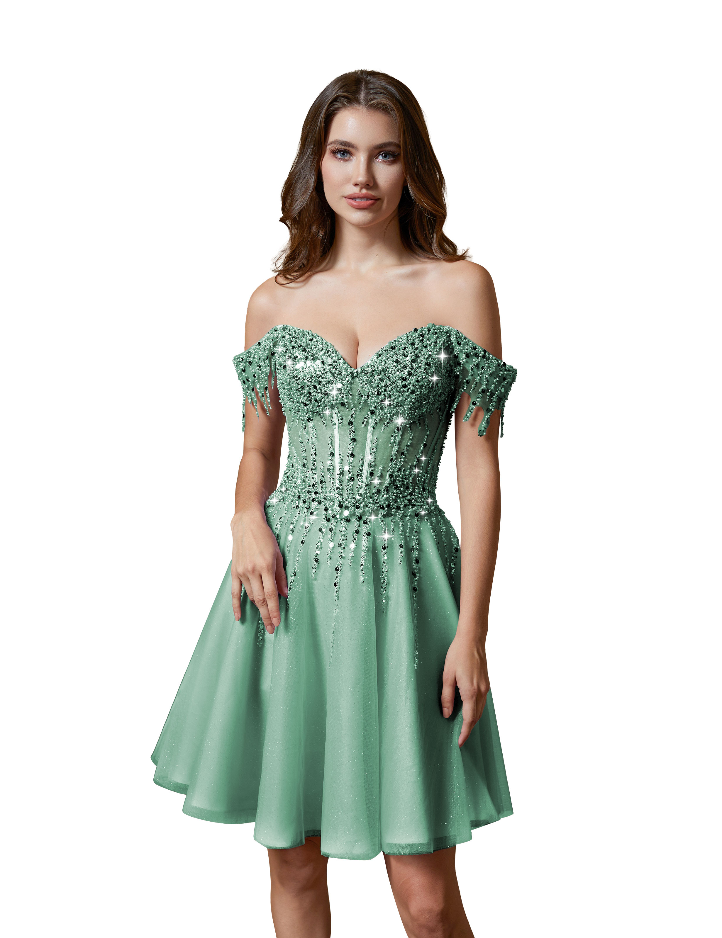 A-line Off Shoulder Lace Appliques Sparkly Sequin Tulle Homecoming Dress #HC2401169