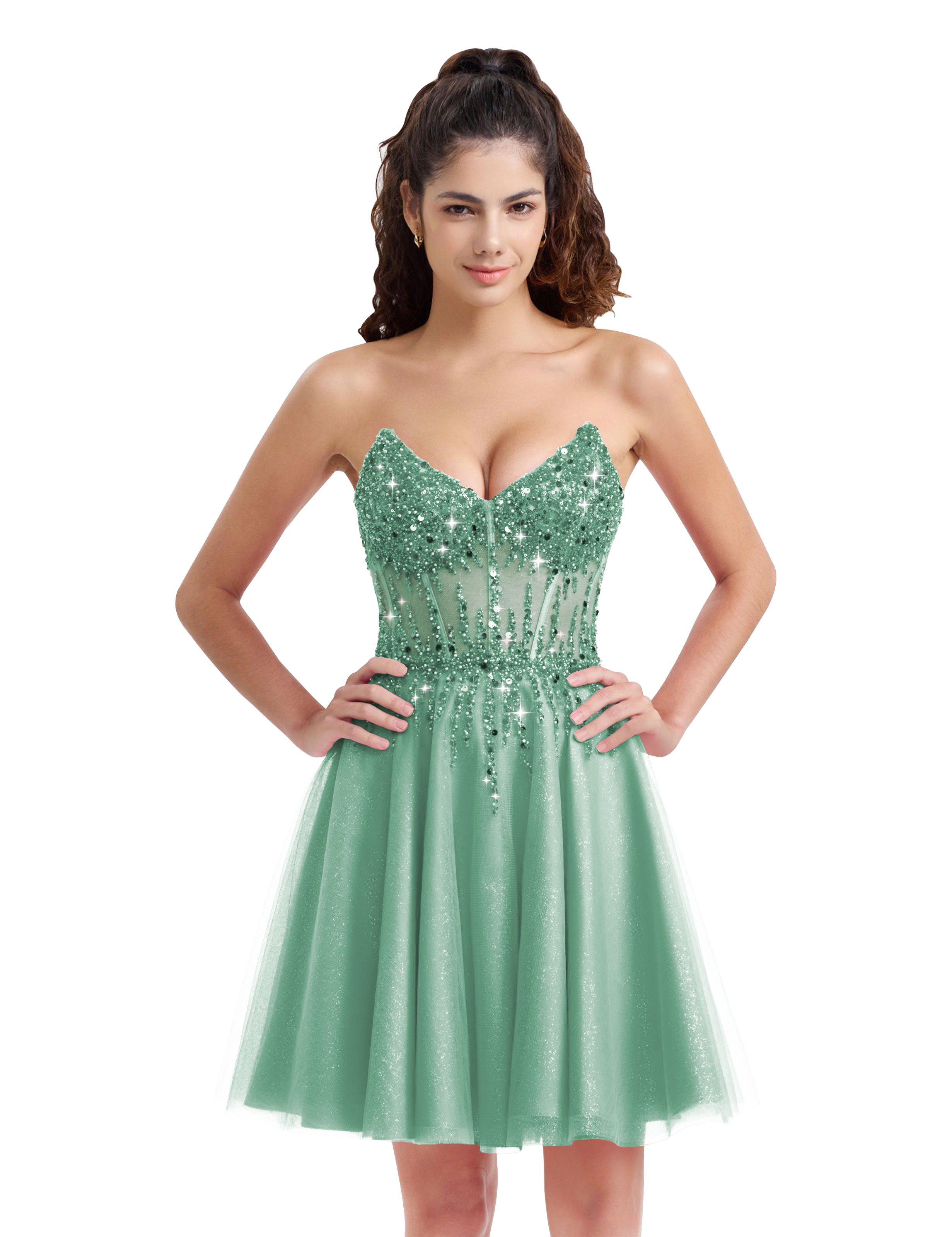 Sparkly A-line V-Neck Tulle Strapless Beaded Homecoming Dress #HC2402127