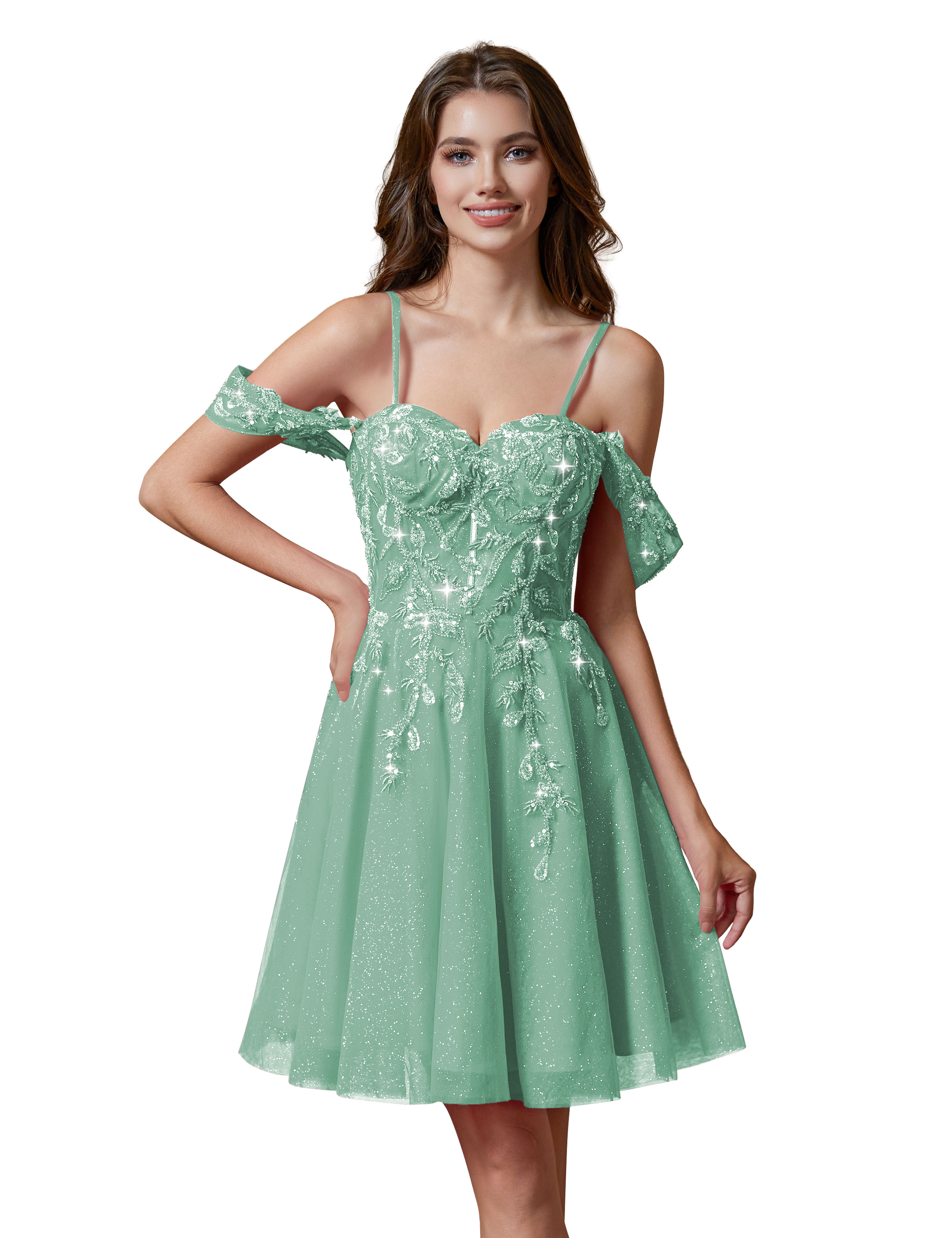 A-line Spaghetti Straps Lace Applique Cocktail Party Homecoming Dress #HC2401237