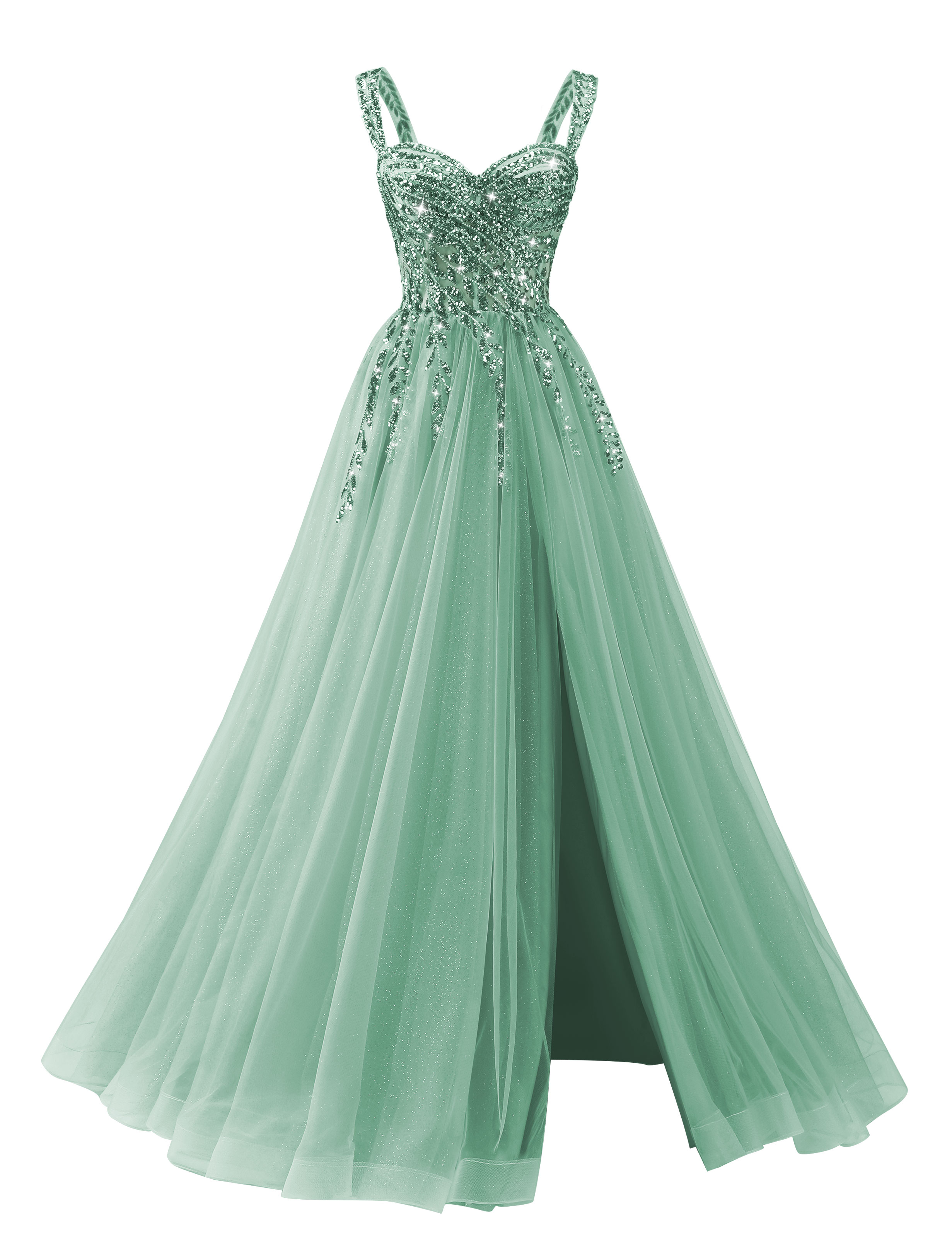 A-line Sweetheart Sparkly Tulle Sequins Beaded Slit Corset Prom Dress #PR2512071
