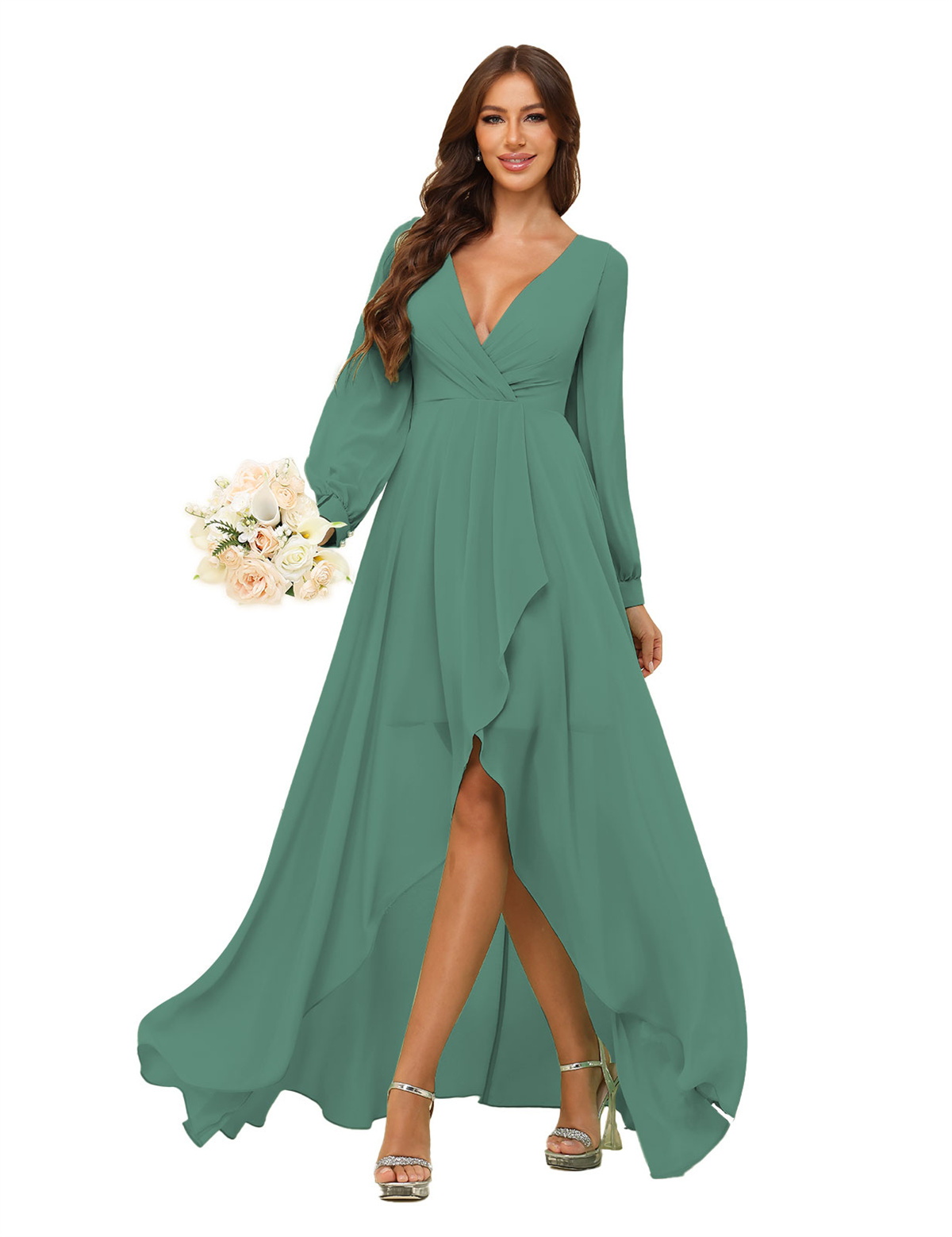 A-line Deep V-neck Chiffon Long Sleeves Bridesmaid Dress #BM2507136