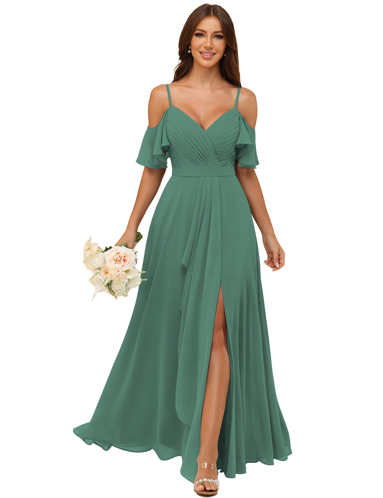 A-line V-neck Spaghetti Straps Chiffon Silt Bridesmaid Dress #BM2507214