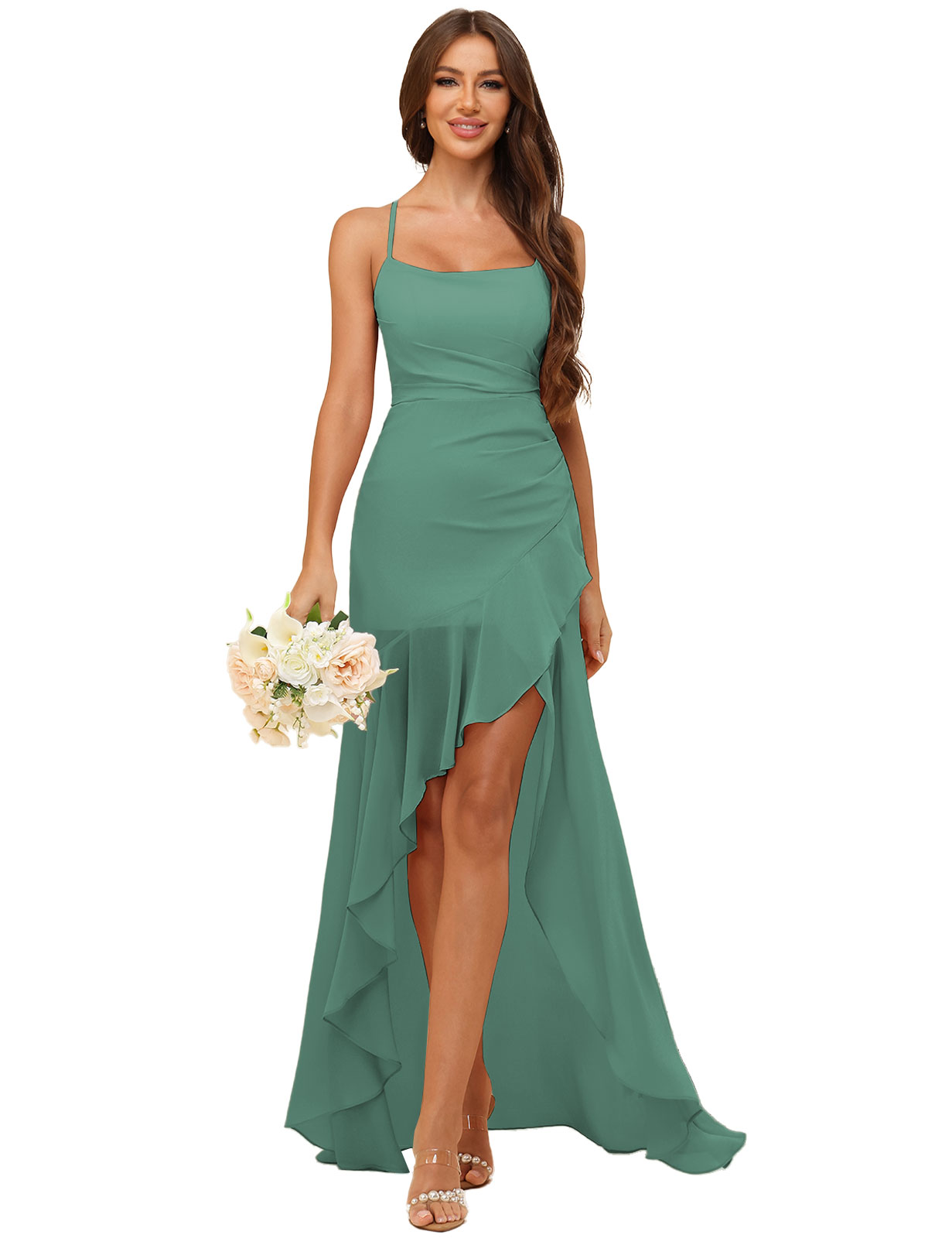 A-line Strapless Chiffon High Low Ruffles Bridesmaid Dress #BM2507148