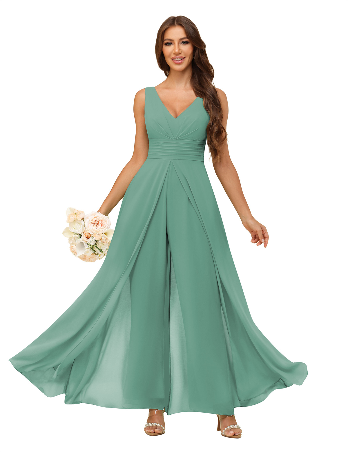 A-line V-neck Chiffon Straps V-back Bridesmaid Dress #PR2507216
