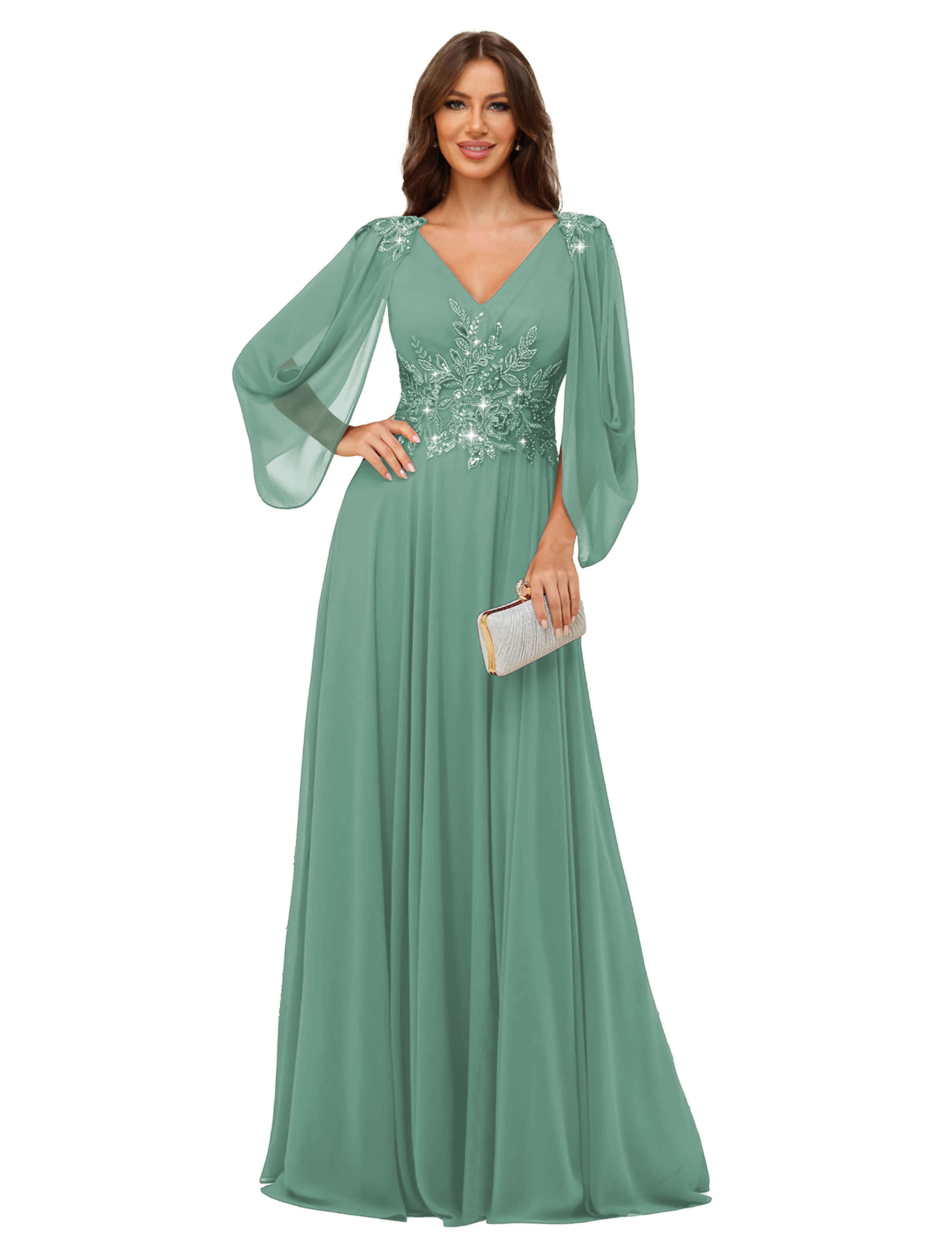 A-line V-neck Chiffon V-back Long Sleeves Mother of The Bride Dress #BM2501034