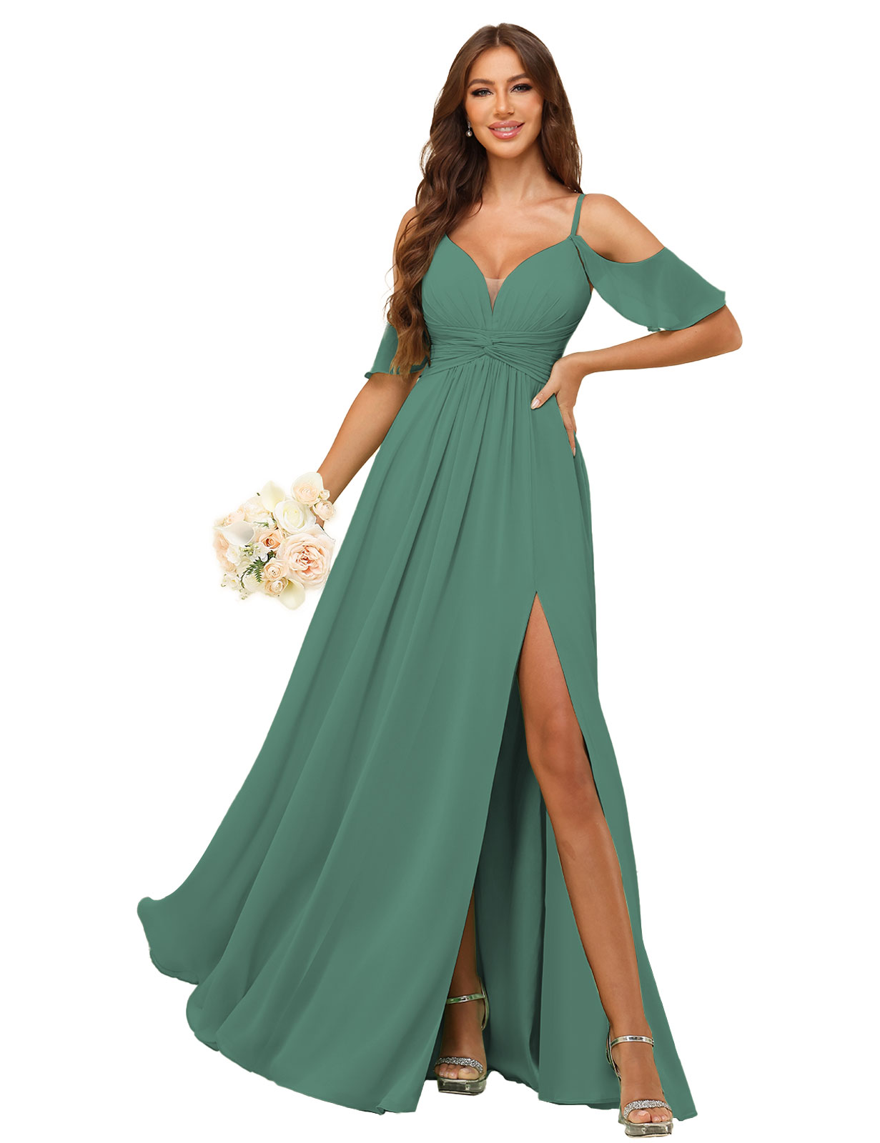 A-line Deep V-neck Spaghetti Straps Chiffon Silt Bridesmaid Dress #BM2507134