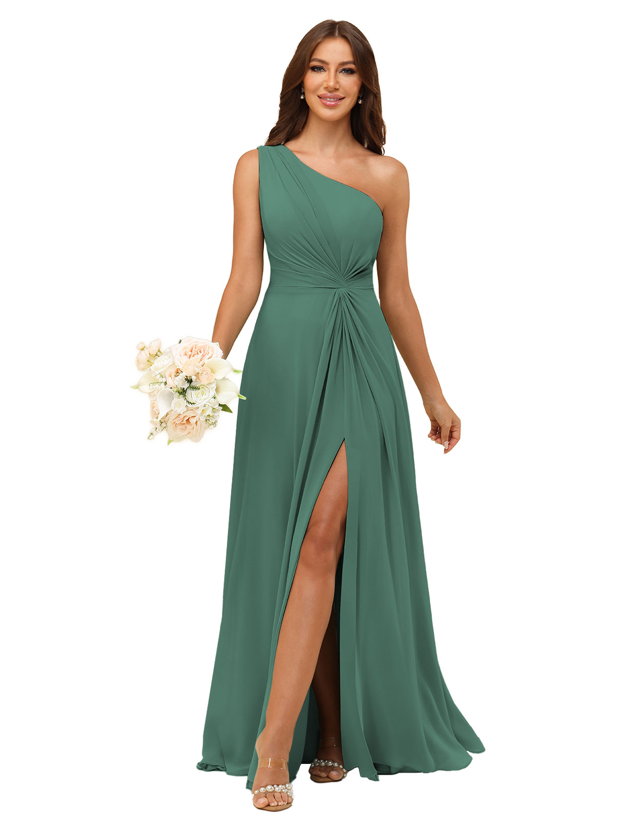 A-line One Shoulder Chiffon Silt Bridesmaid Dress #BM2508033