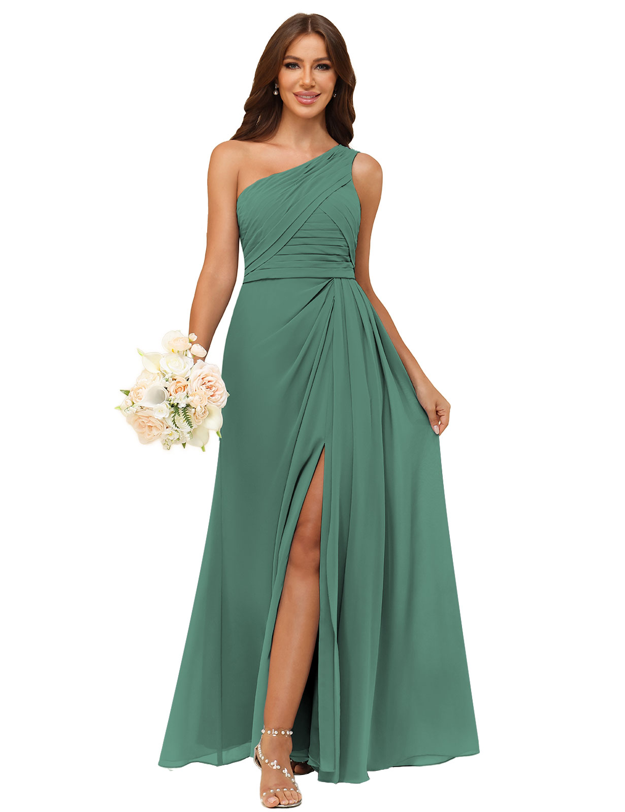 A-line One Shoulder Chiffon Silt Back Zip Bridesmaid Dress #BM2504122