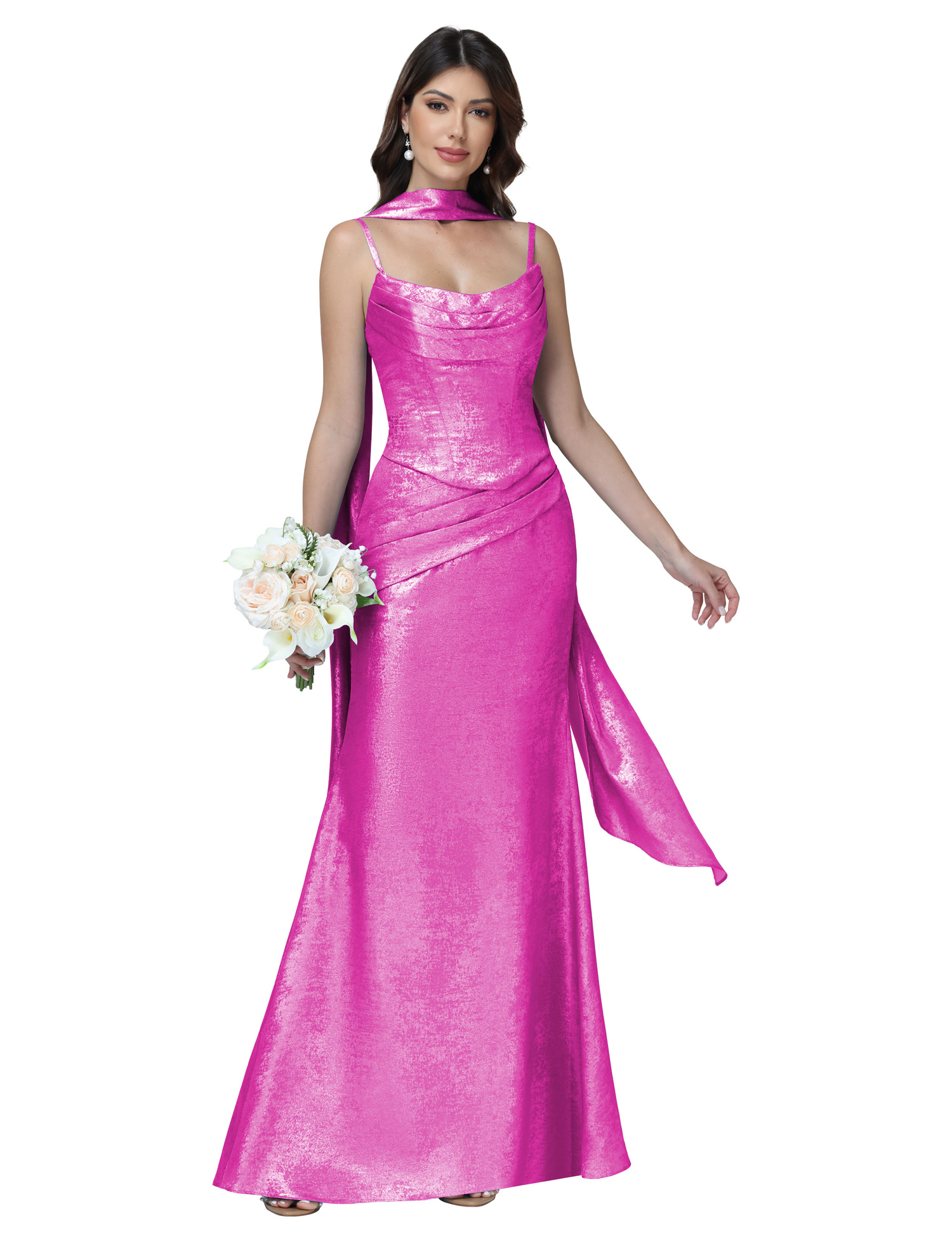 Mermaid Spaghttei Straps Prom Dress 2 Pieces Bridesmaid Dress with Scarf #BM2512054